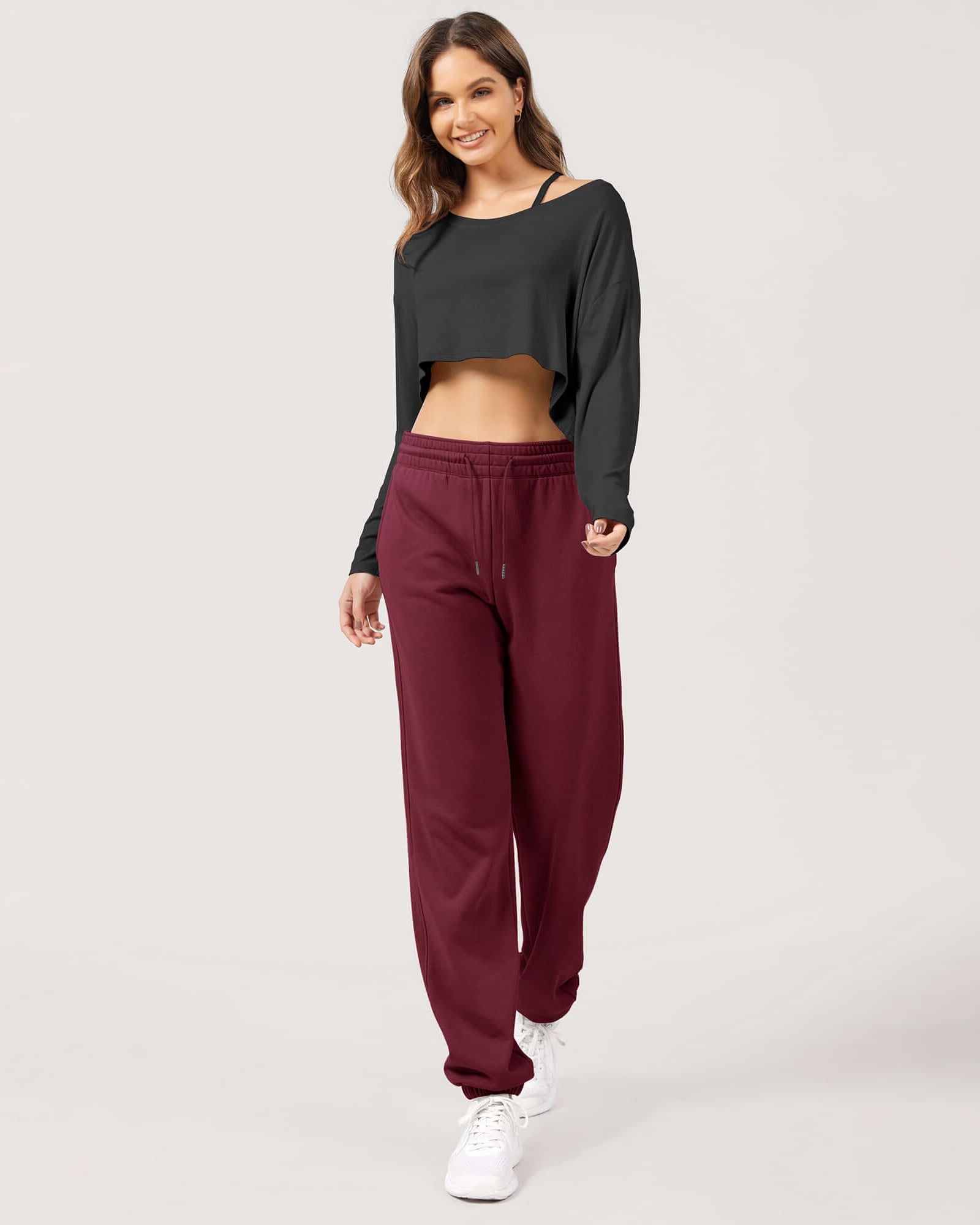 Cotton French Terry High Waist Drawstring Lounge Pants Burgundy - ododos