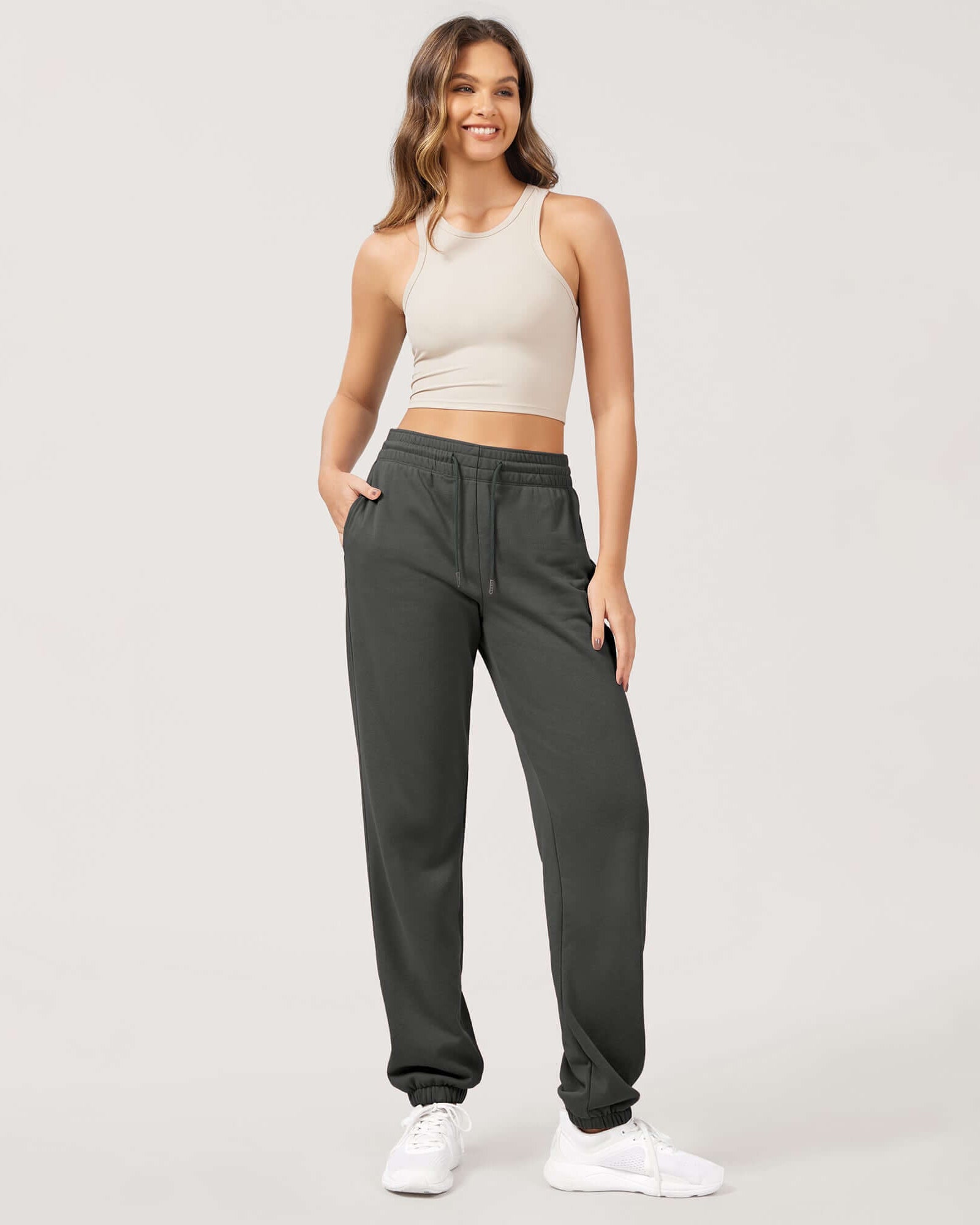 Cotton French Terry High Waist Drawstring Lounge Pants Charcoal - ododos