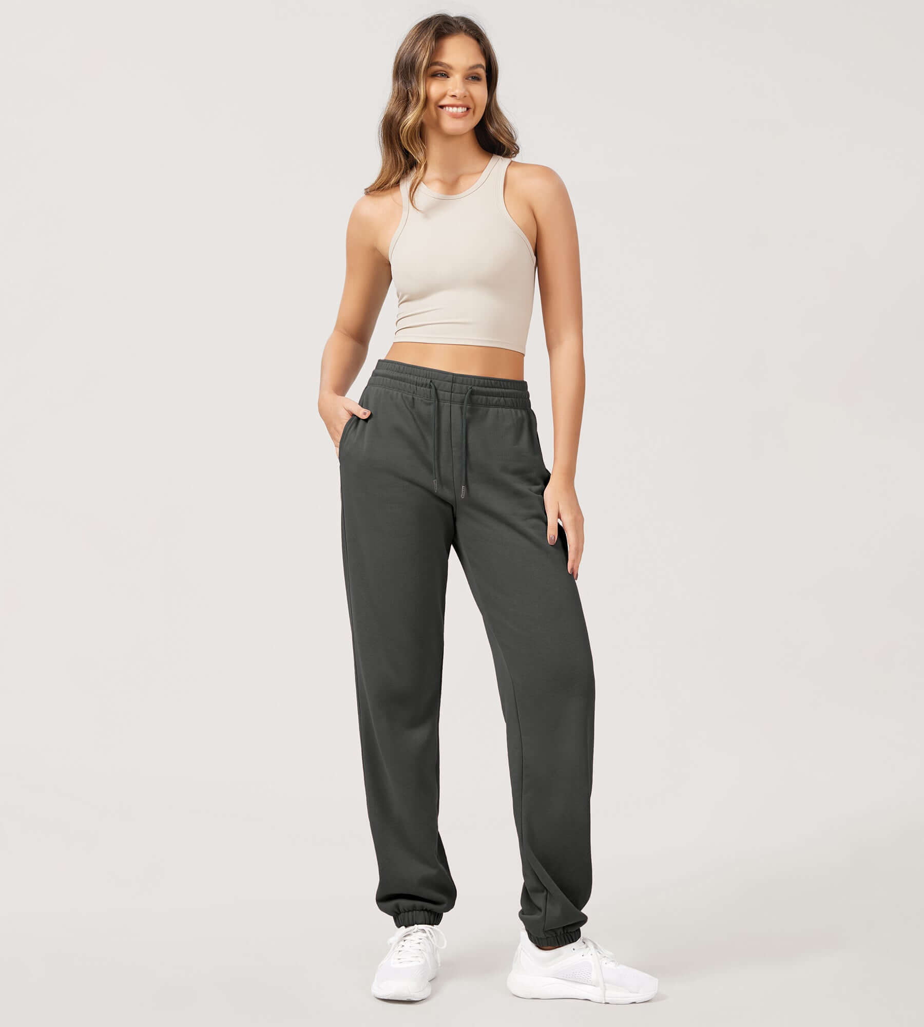 Cotton French Terry High Waist Drawstring Lounge Pants Charcoal - ododos