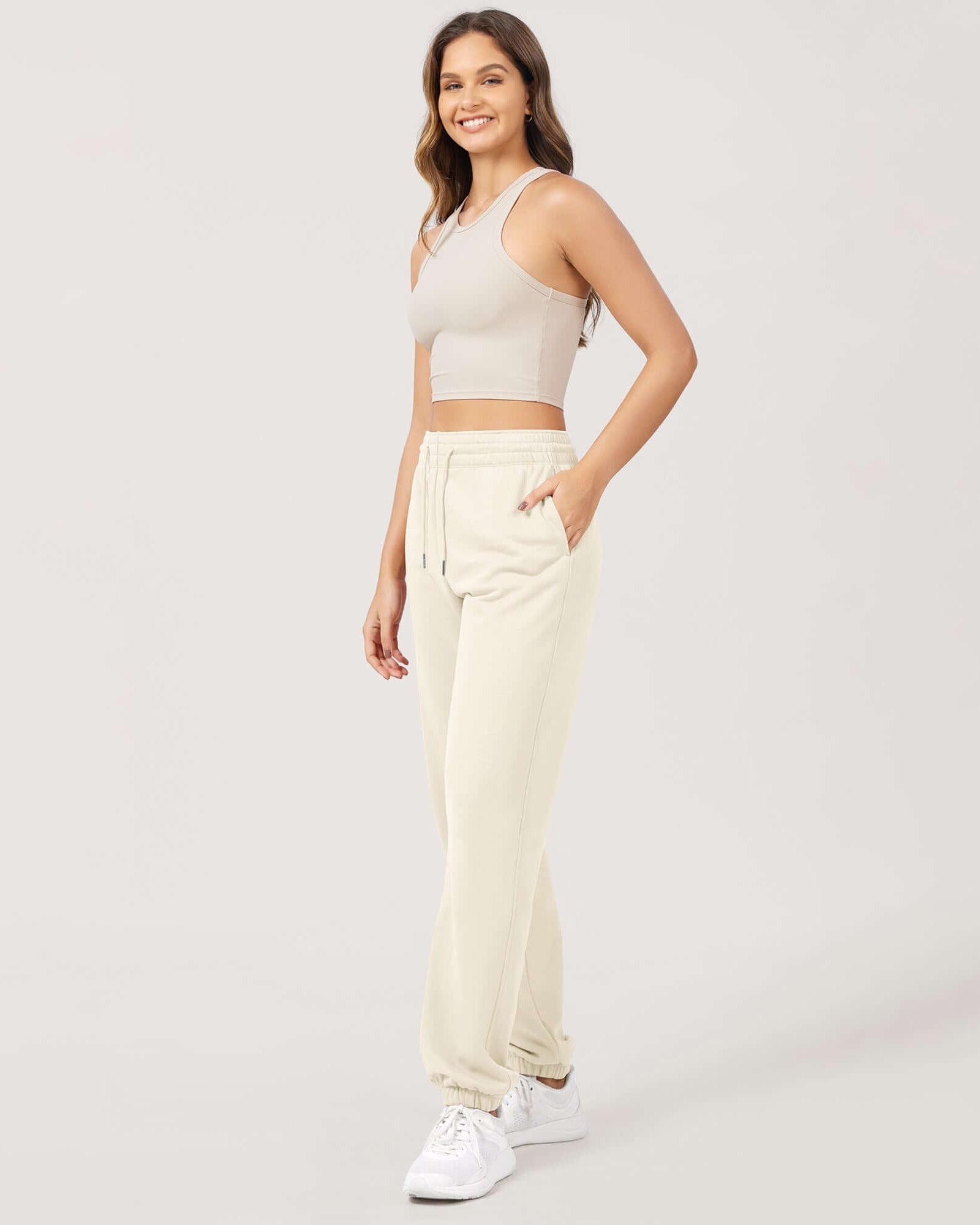 Cotton French Terry High Waist Drawstring Lounge Pants Cream - ododos