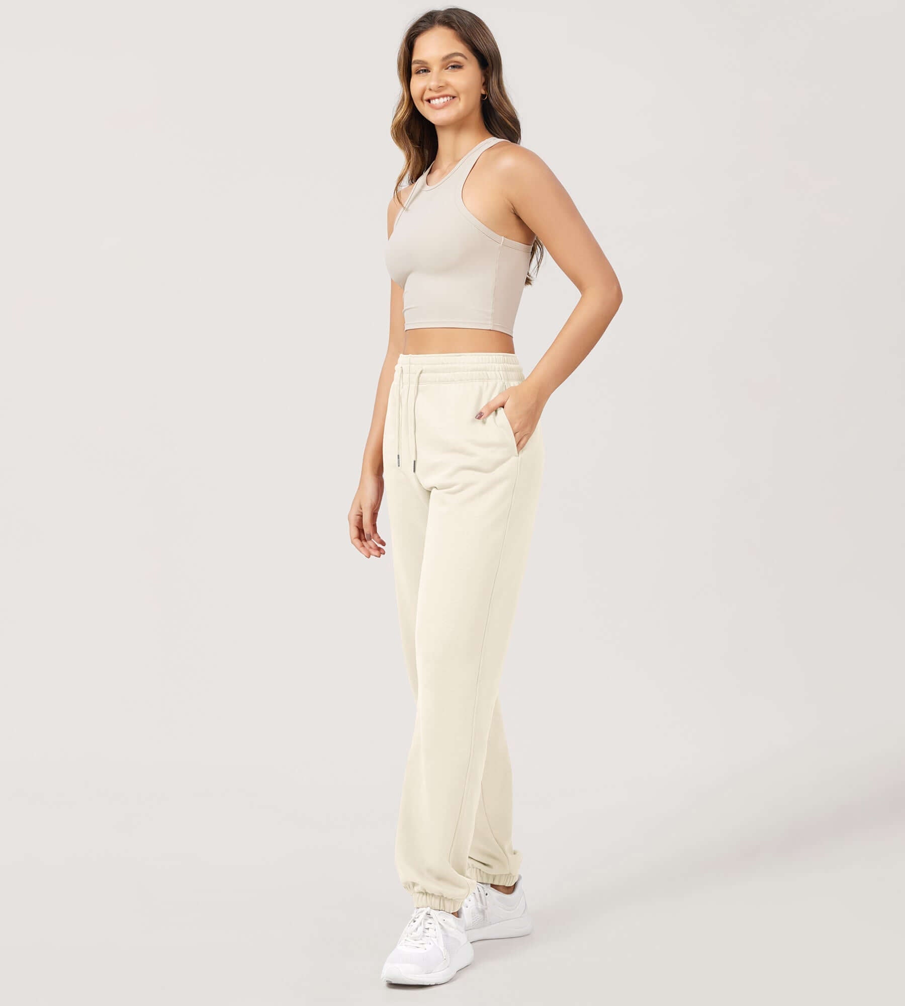 Cotton French Terry High Waist Drawstring Lounge Pants Cream - ododos