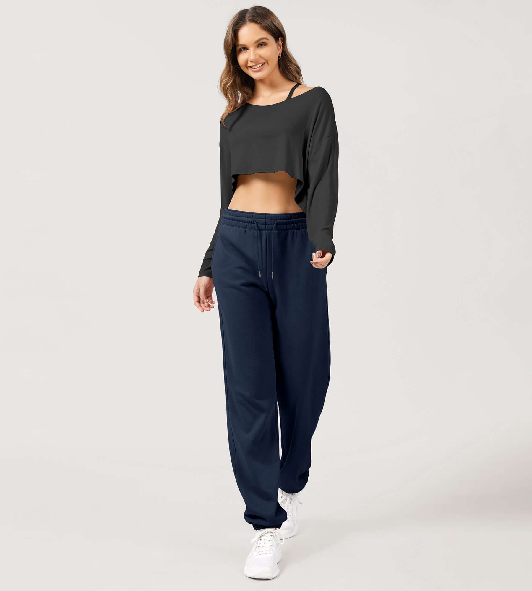 Cotton French Terry High Waist Drawstring Lounge Pants Deep Navy - ododos