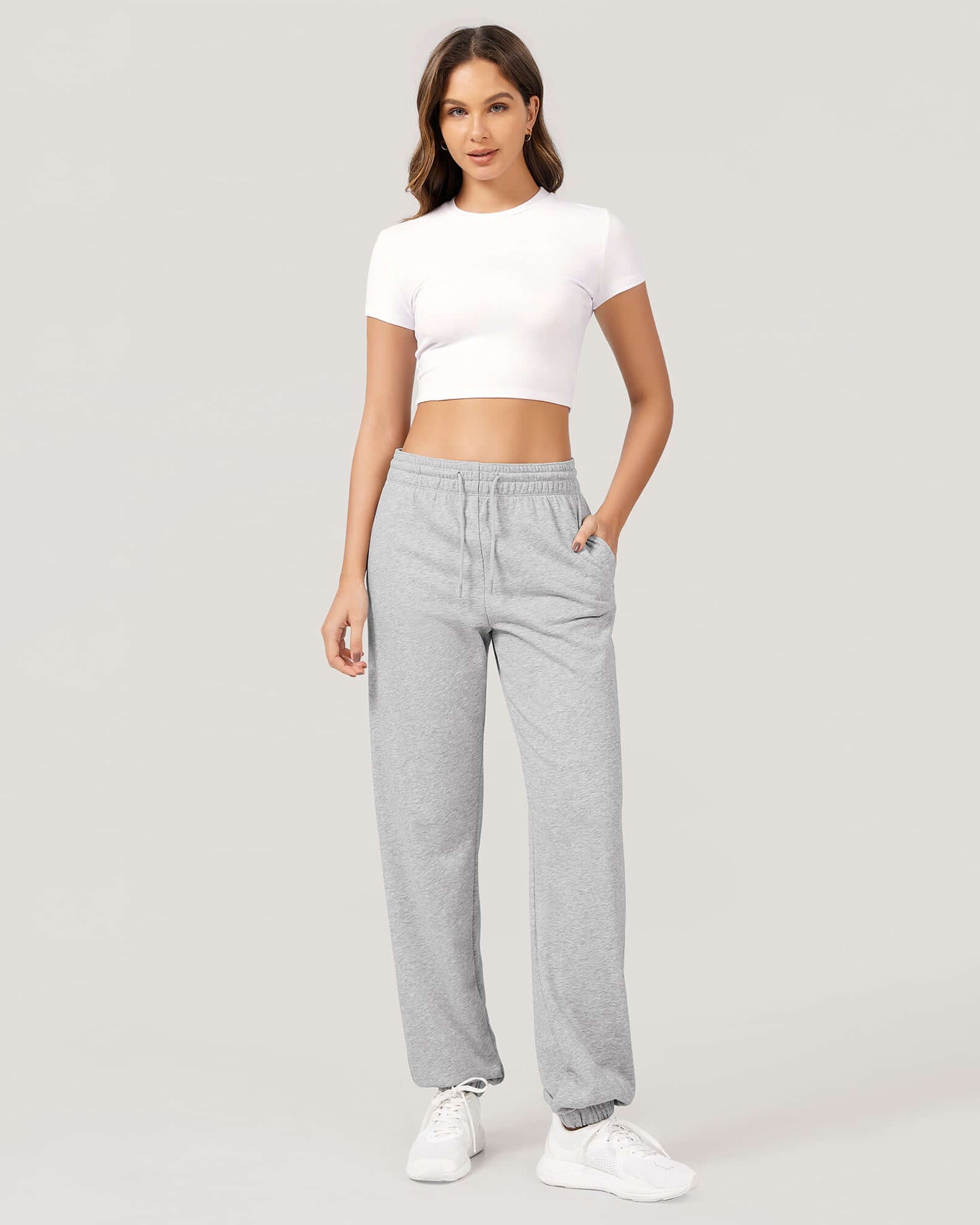 Cotton French Terry High Waist Drawstring Lounge Pants Heather Grey - ododos