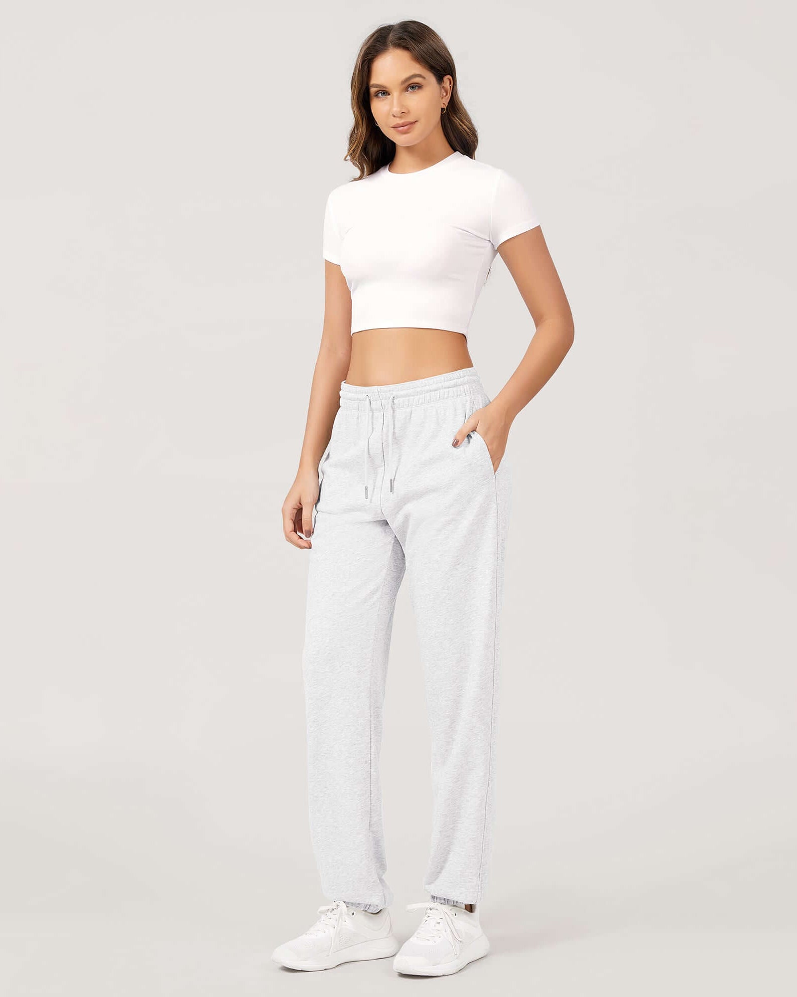 Cotton French Terry High Waist Drawstring Lounge Pants Heather White - ododos