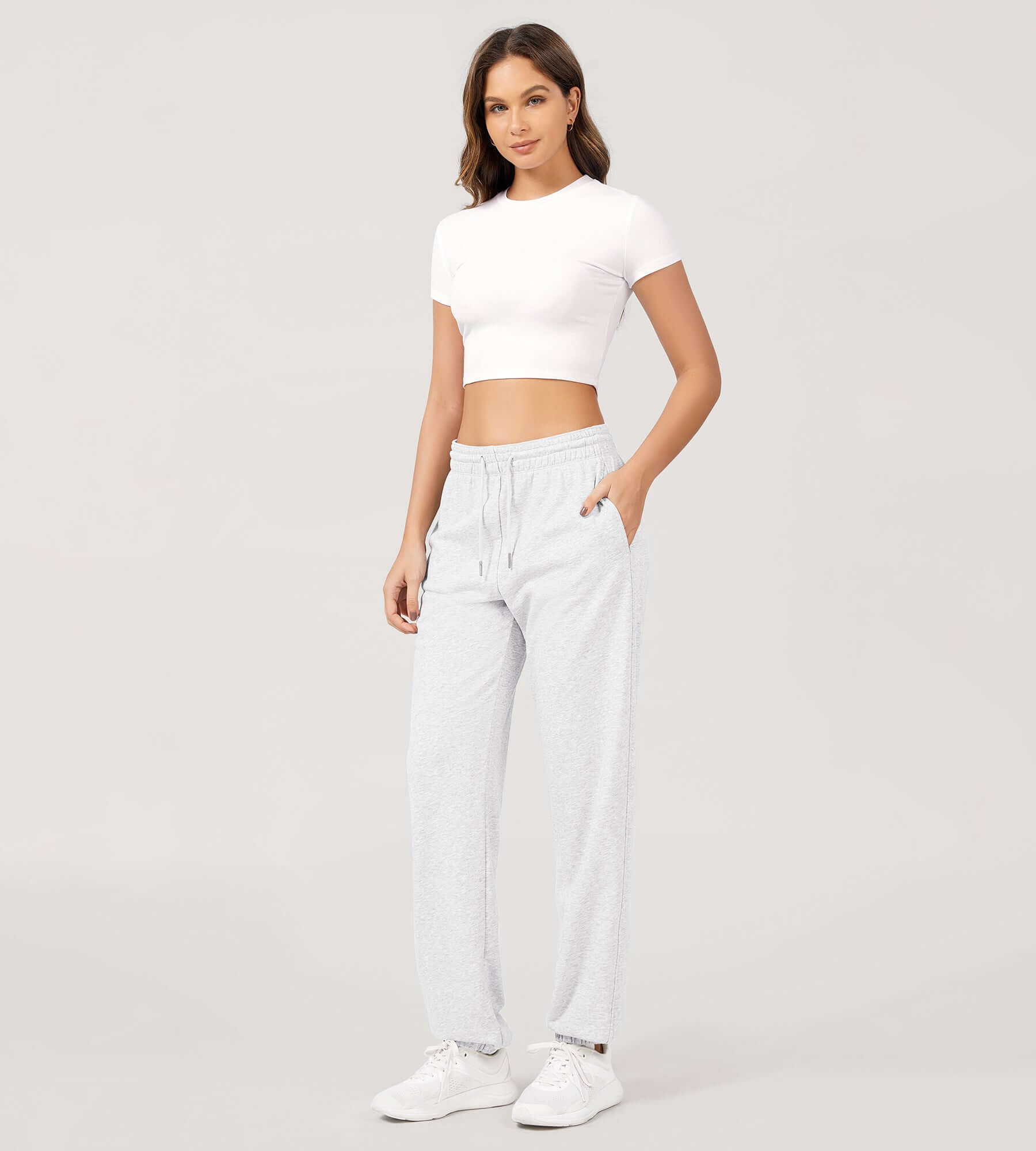 Cotton French Terry High Waist Drawstring Lounge Pants Heather White - ododos