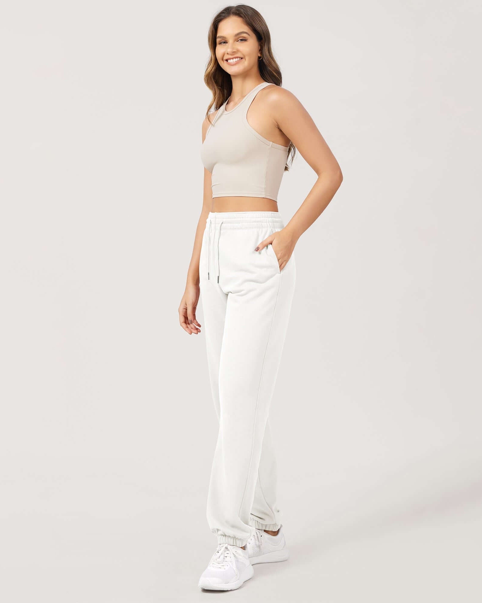 Cotton French Terry High Waist Drawstring Lounge Pants White - ododos