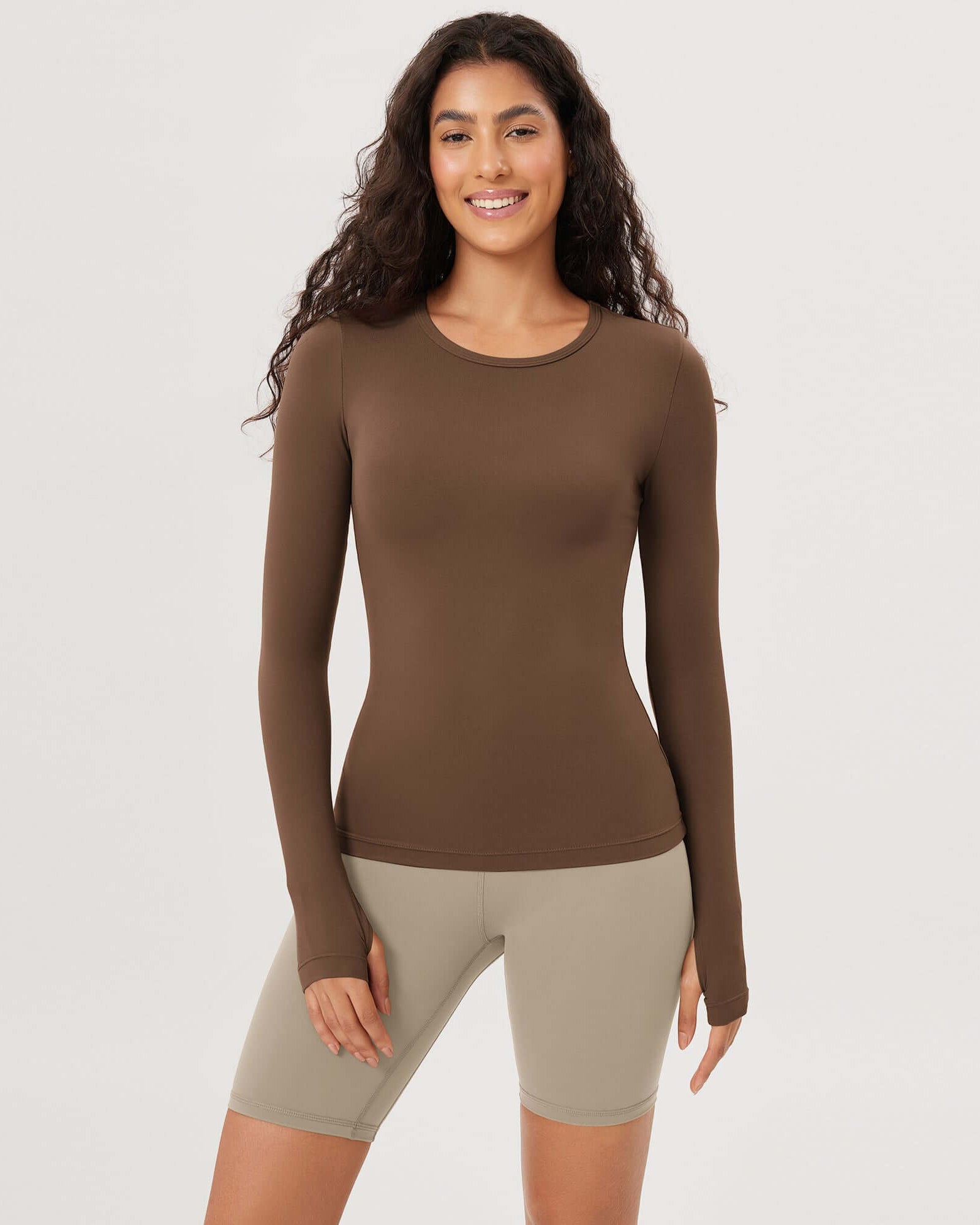 Cloud Feeling Crew Neck Yoga Tee Workout Shirts with Thumb Hole Brunette - ododos