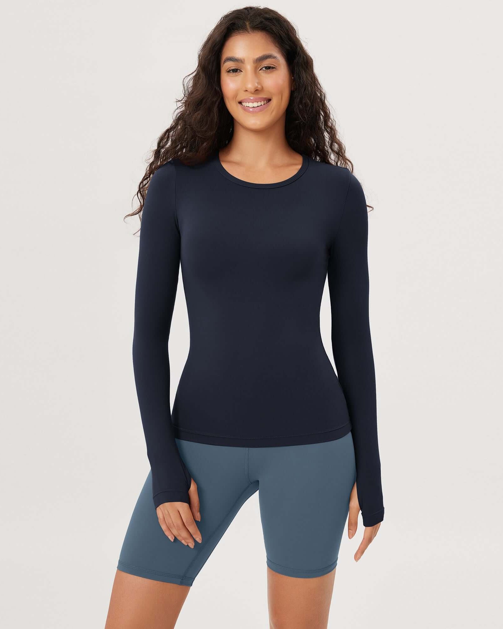 Cloud Feeling Crew Neck Yoga Tee Workout Shirts with Thumb Hole Deep Navy - ododos