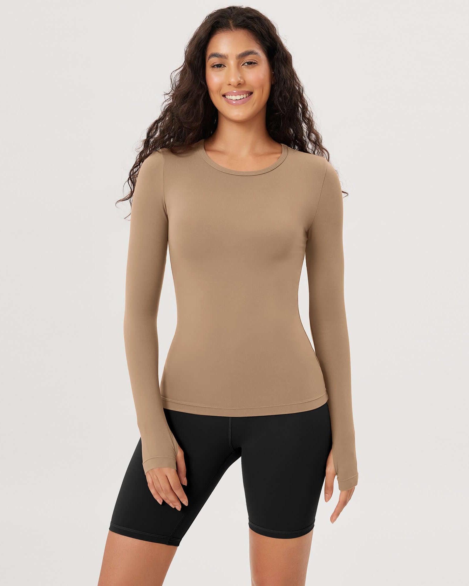 Cloud Feeling Crew Neck Yoga Tee Workout Shirts with Thumb Hole Light Brown - ododos