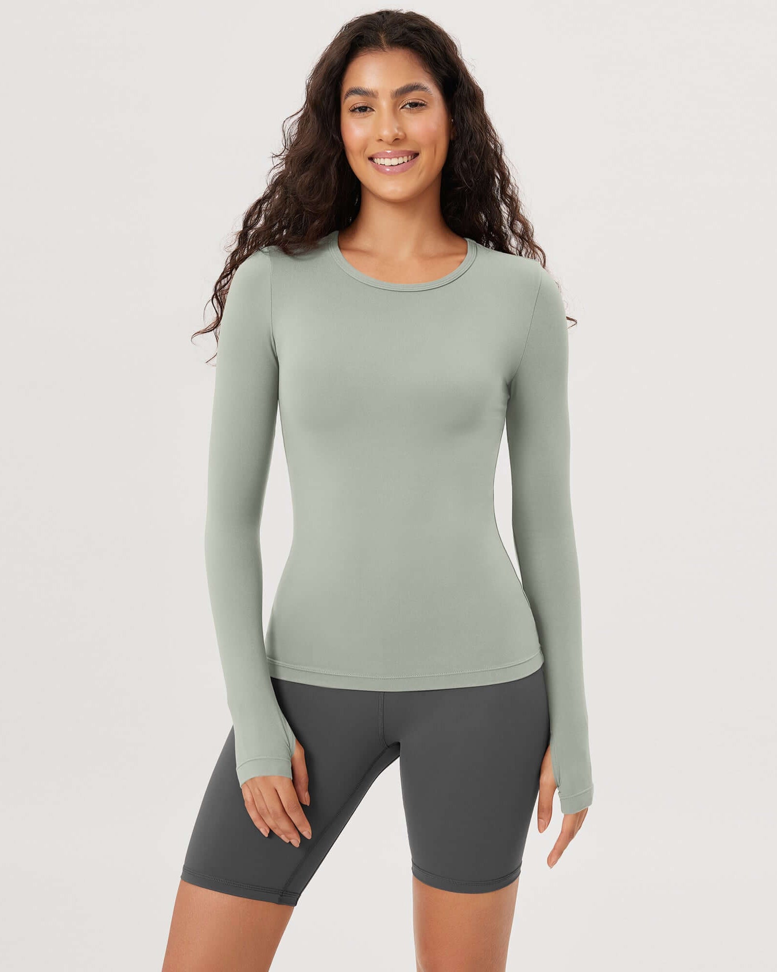 Cloud Feeling Crew Neck Yoga Tee Workout Shirts with Thumb Hole Lime Stone - ododos