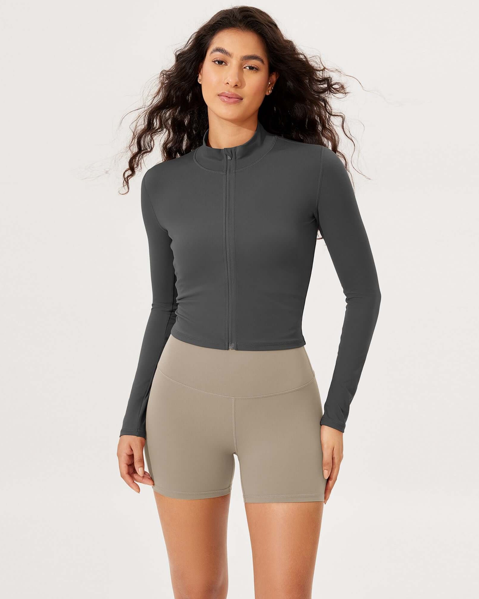 Athletic Full Zip Mock Neck Lightweight Jacket Charcoal - ododos