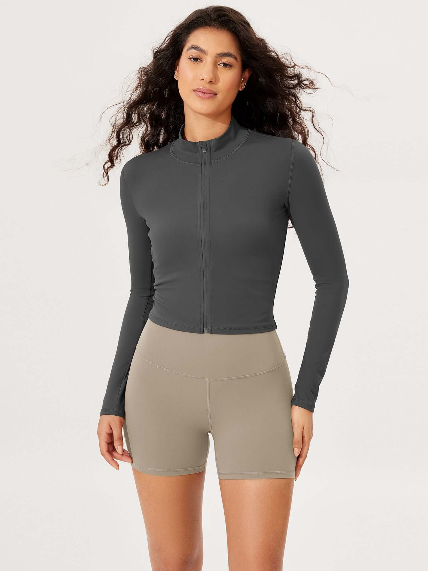 Athletic Full Zip Mock Neck Lightweight Jacket Charcoal - ododos