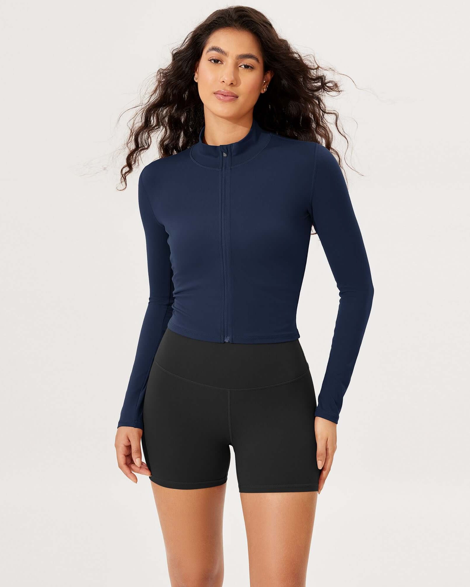 Athletic Full Zip Mock Neck Lightweight Jacket Navy - ododos