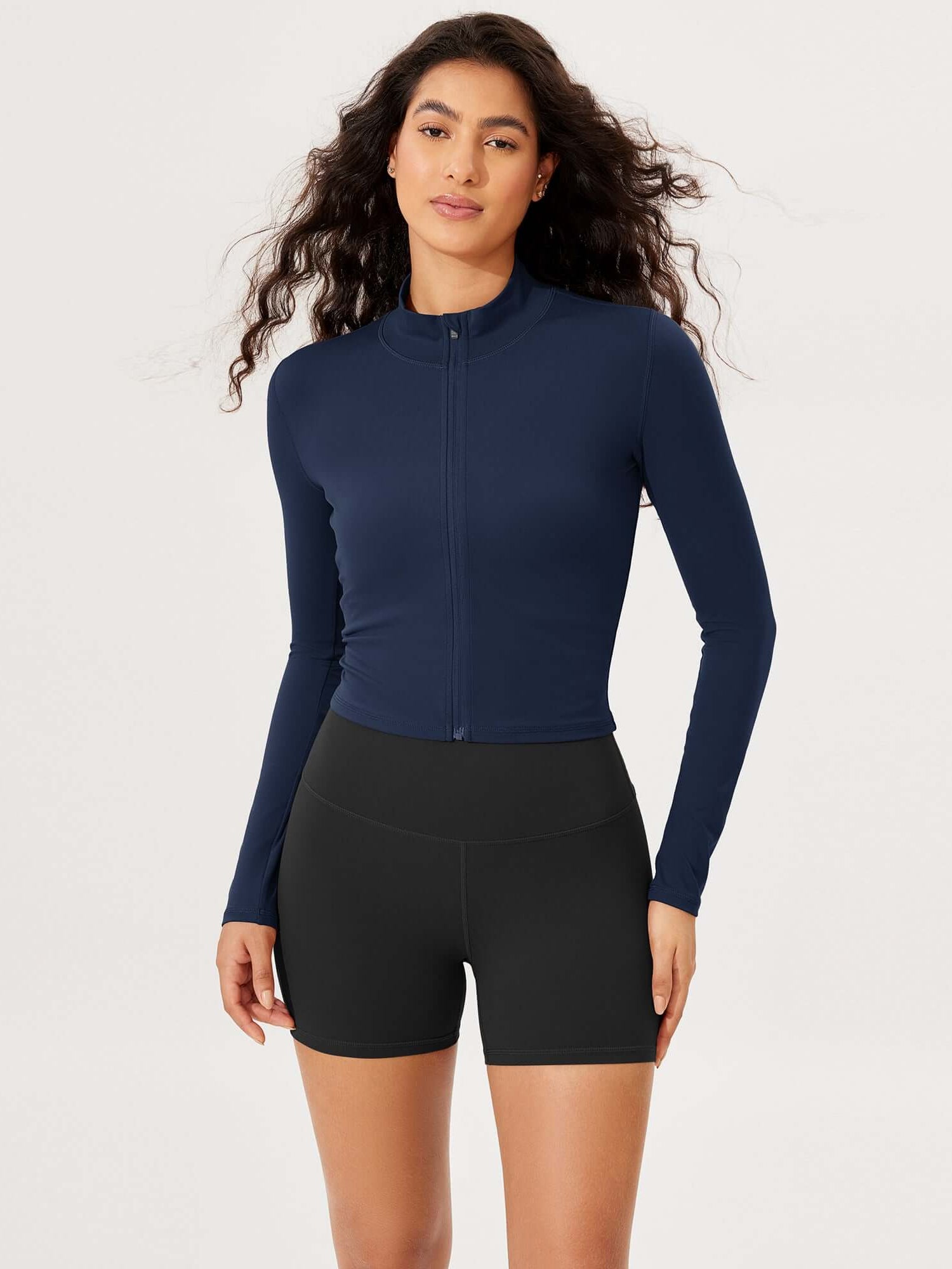 Athletic Full Zip Mock Neck Lightweight Jacket Navy - ododos