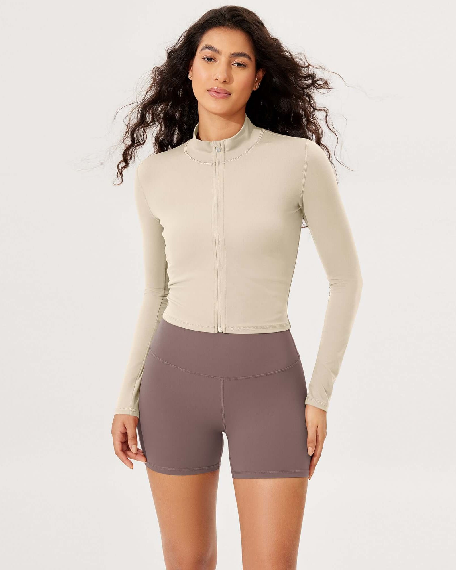 Athletic Full Zip Mock Neck Lightweight Jacket Oat Milk - ododos