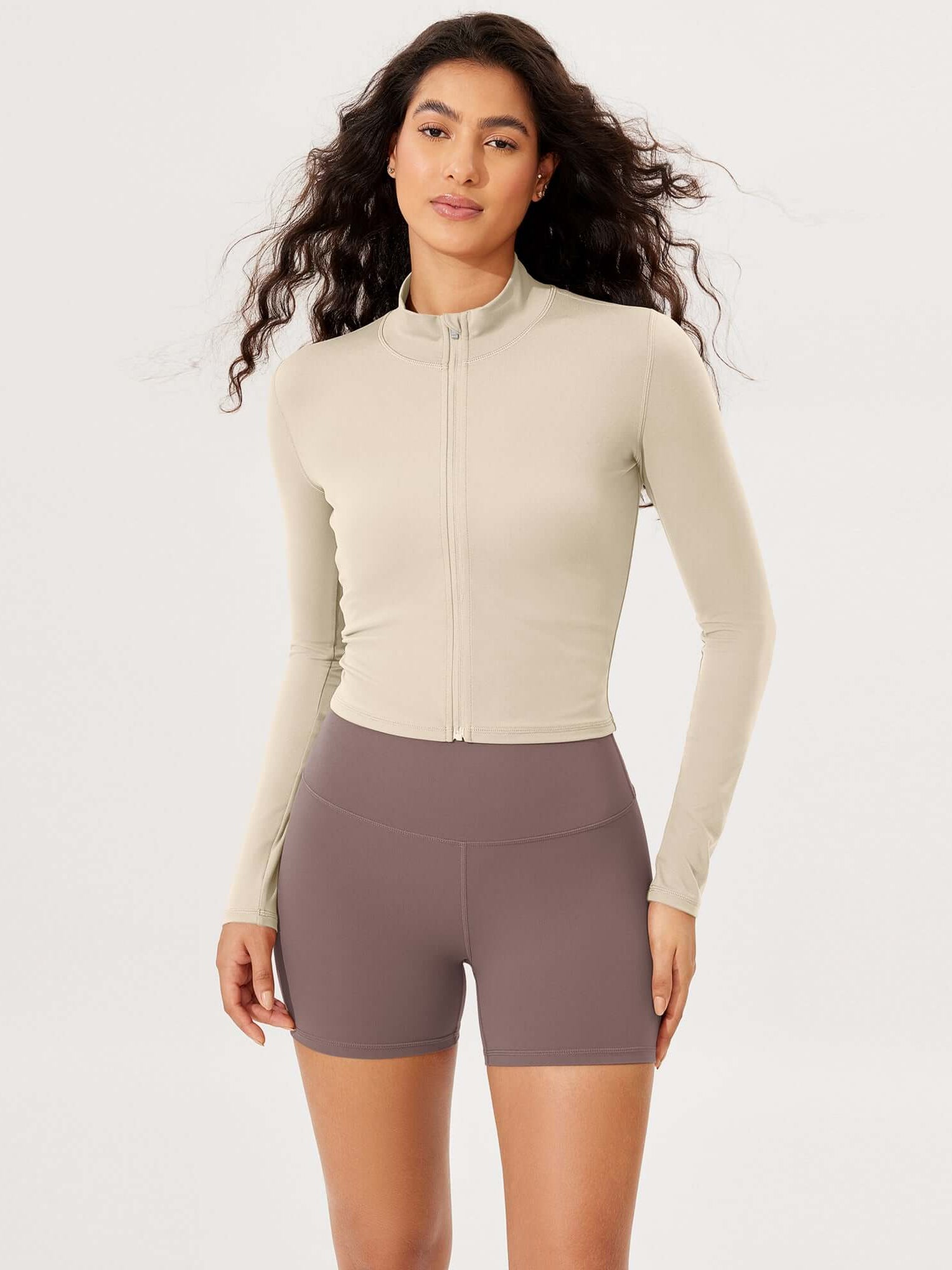 Athletic Full Zip Mock Neck Lightweight Jacket Oat Milk - ododos