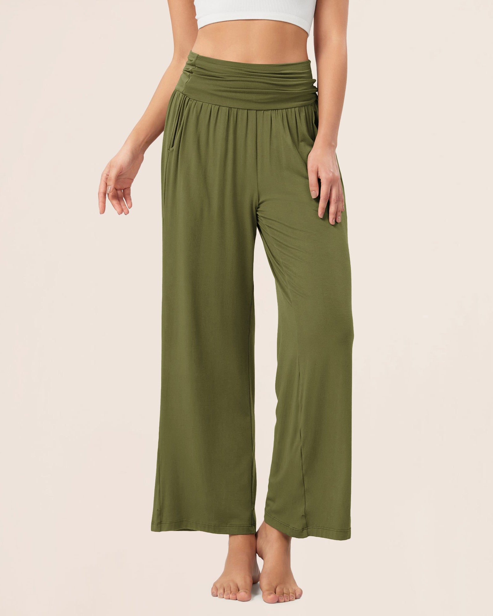 26 Wide Leg Palazzo Loose Comfy Lounge Pants with Pockets Army Green - ododos