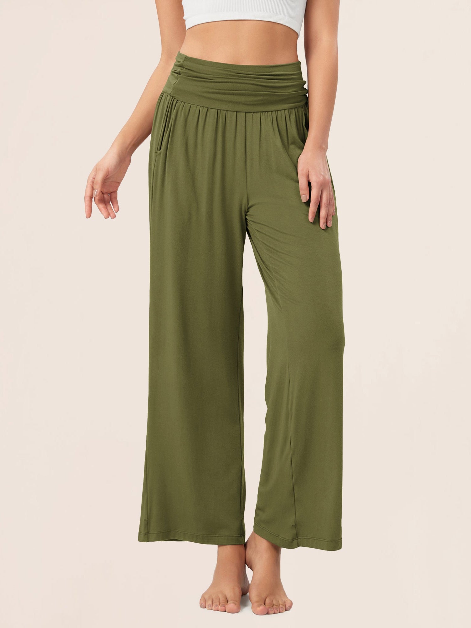 26 Wide Leg Palazzo Loose Comfy Lounge Pants with Pockets Army Green - ododos