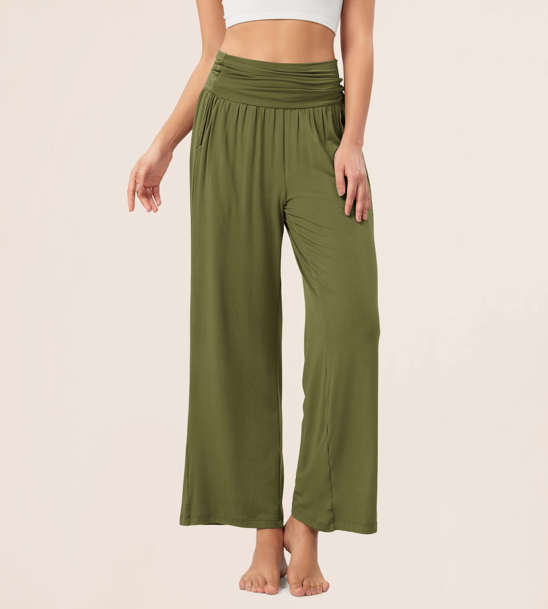 26 Wide Leg Palazzo Loose Comfy Lounge Pants with Pockets Army Green - ododos