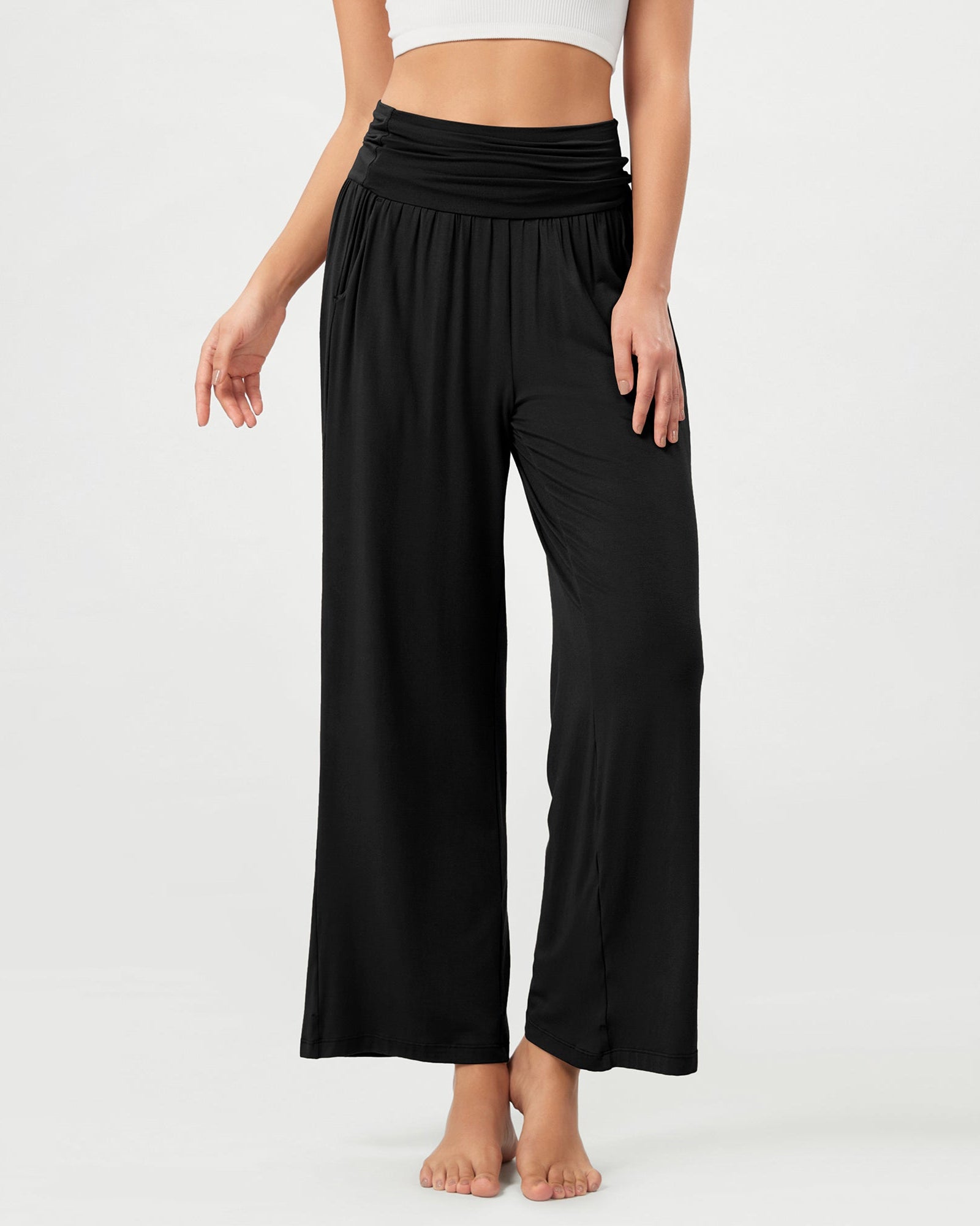 26 Wide Leg Palazzo Loose Comfy Lounge Pants with Pockets Black - ododos