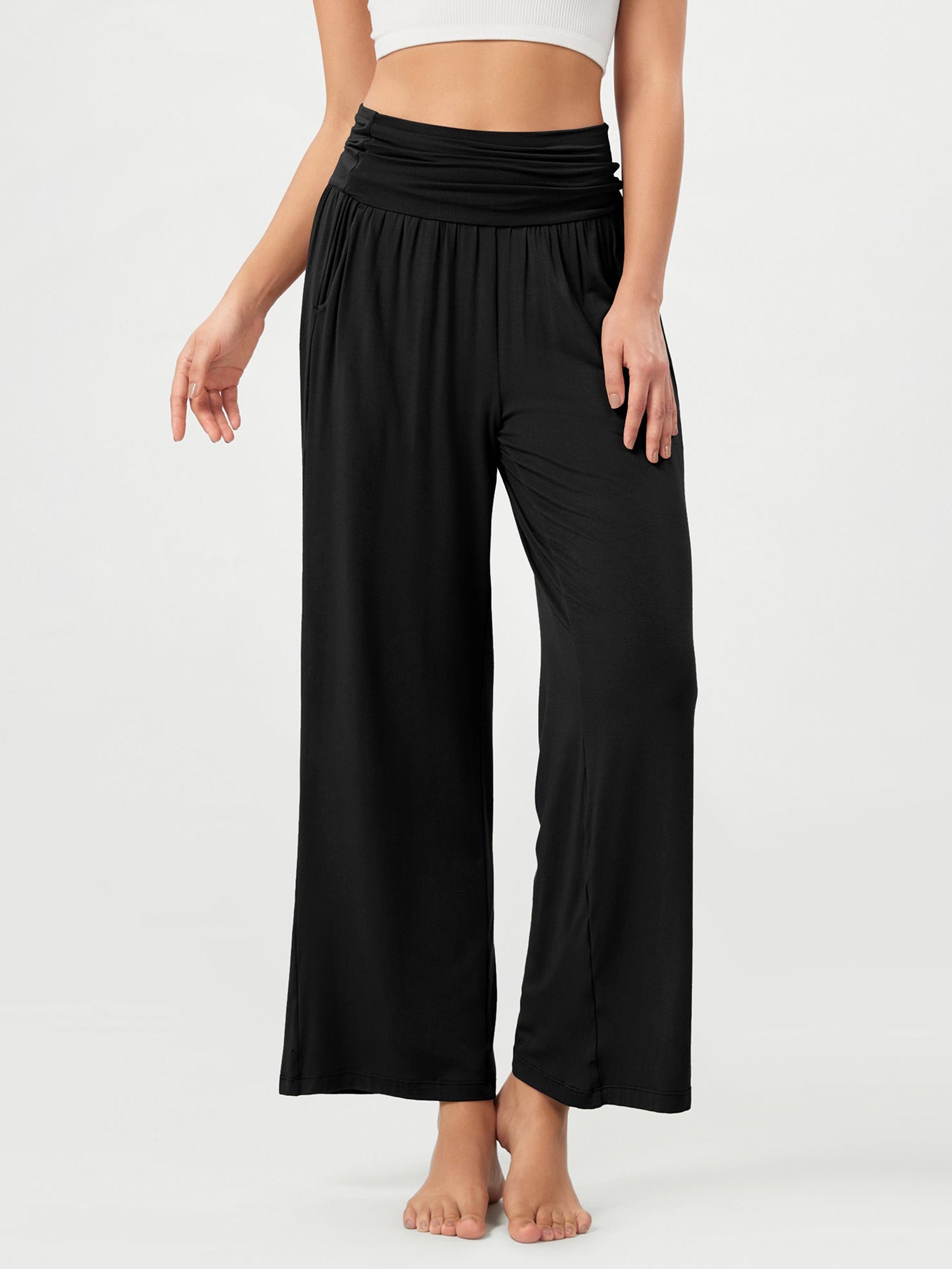 26 Wide Leg Palazzo Loose Comfy Lounge Pants with Pockets Black - ododos