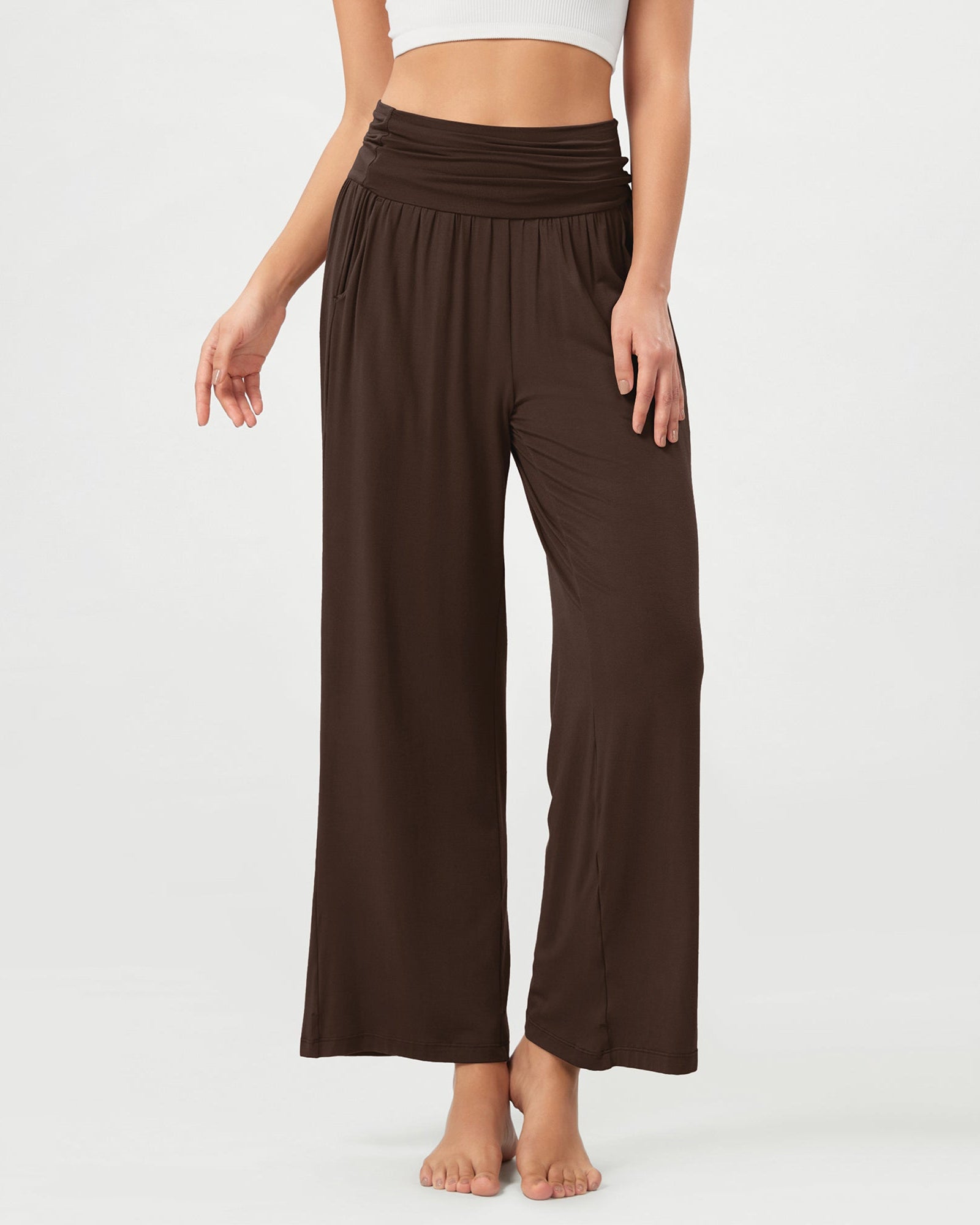 26 Wide Leg Palazzo Loose Comfy Lounge Pants with Pockets Chocolate - ododos