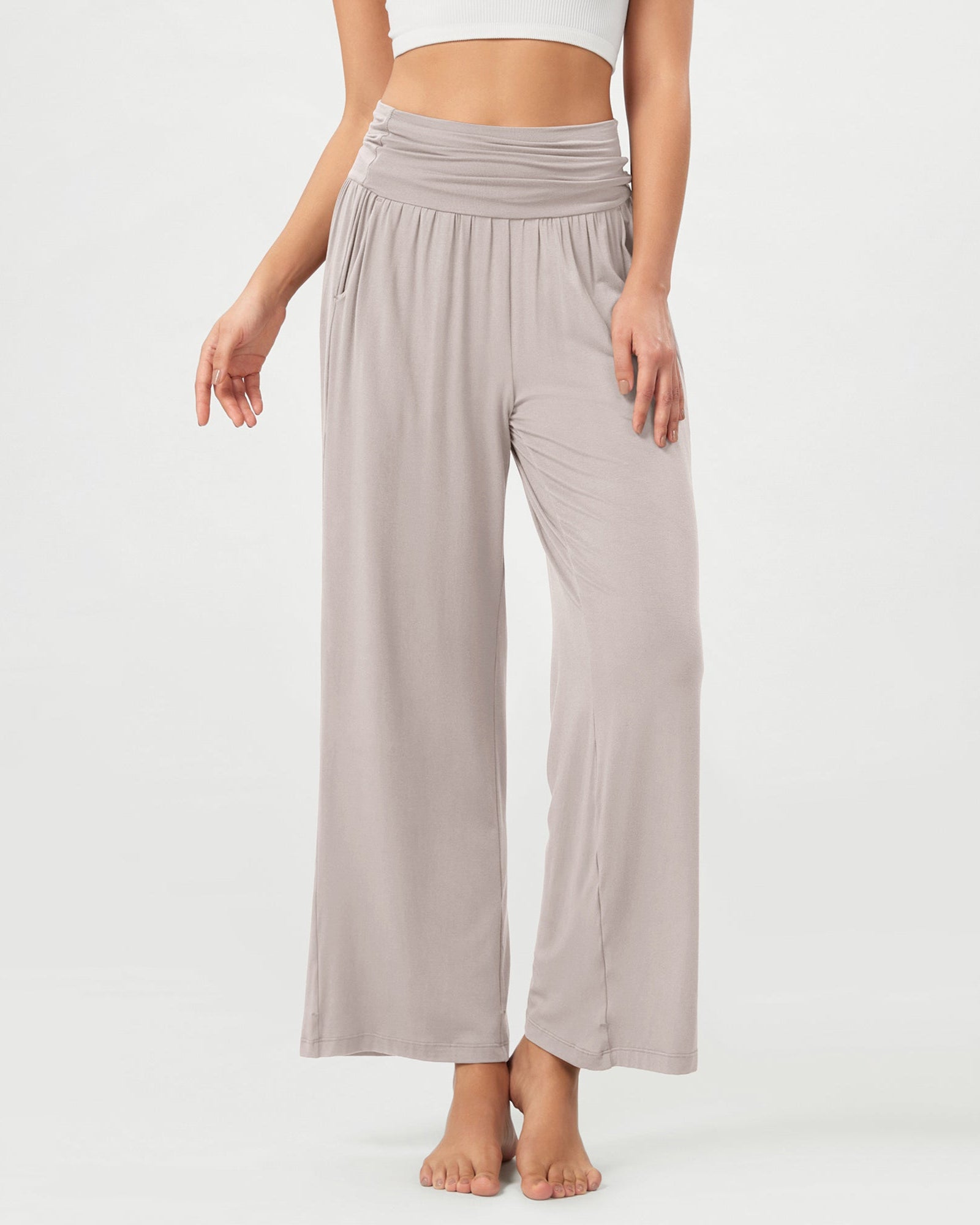 26 Wide Leg Palazzo Loose Comfy Lounge Pants with Pockets Light Beige - ododos