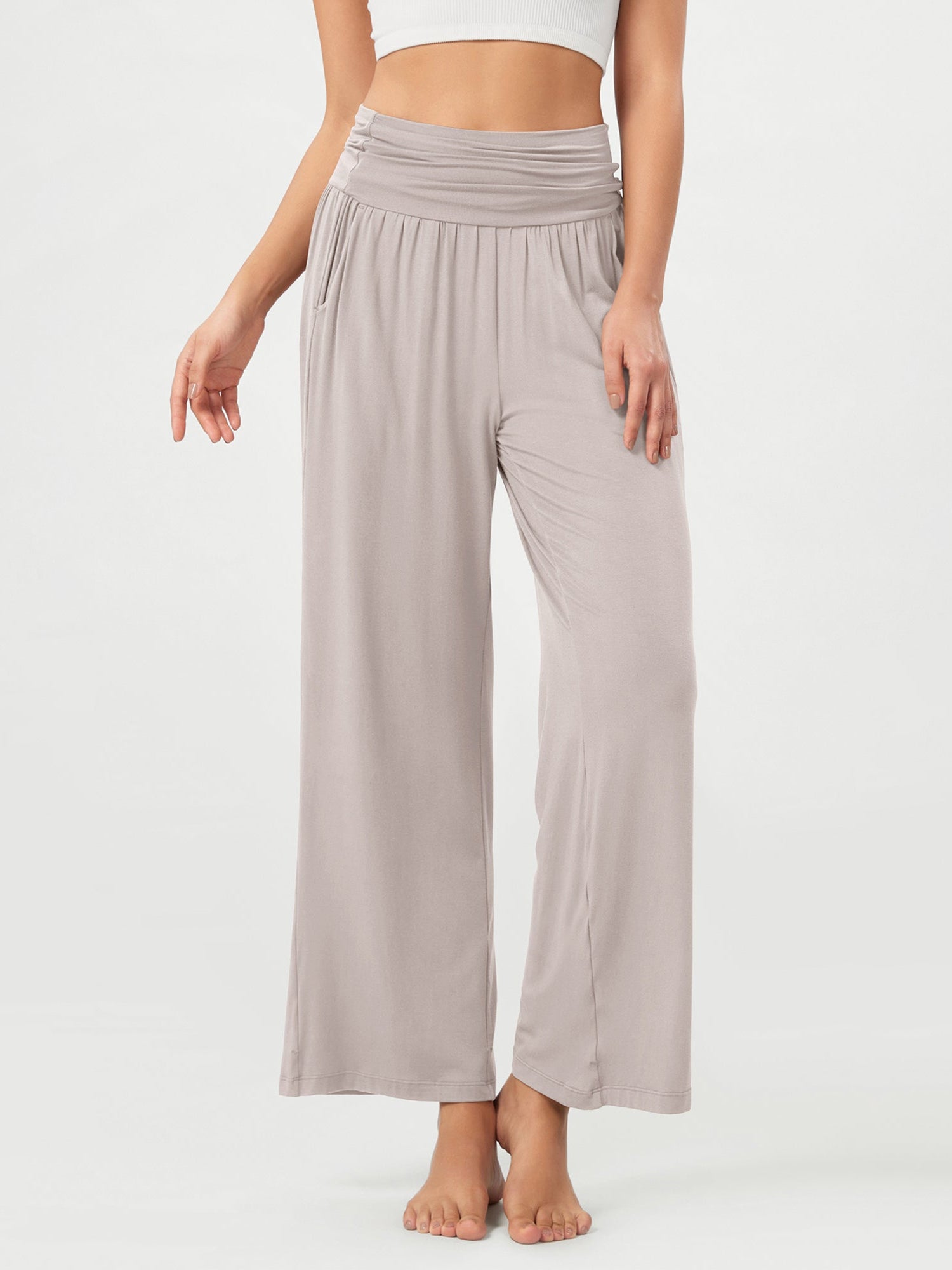 26 Wide Leg Palazzo Loose Comfy Lounge Pants with Pockets Light Beige - ododos
