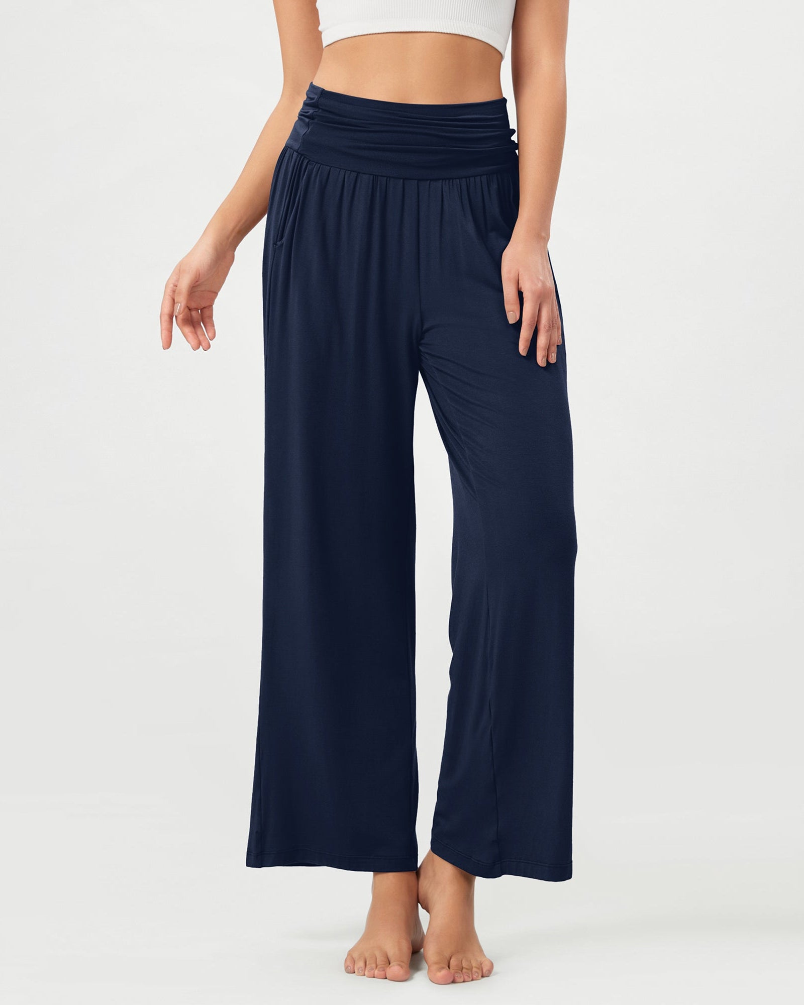 26 Wide Leg Palazzo Loose Comfy Lounge Pants with Pockets Navy - ododos