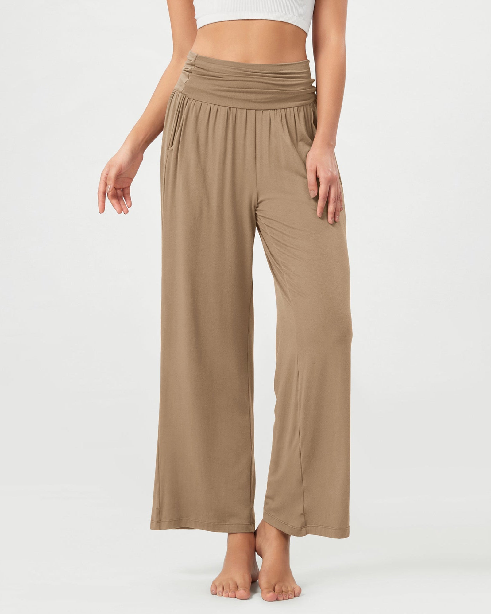 26 Wide Leg Palazzo Loose Comfy Lounge Pants with Pockets Peanut - ododos