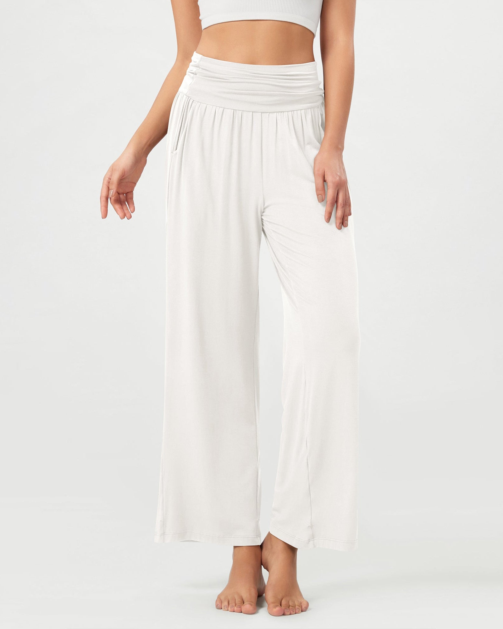 26 Wide Leg Palazzo Loose Comfy Lounge Pants with Pockets Off-white - ododos
