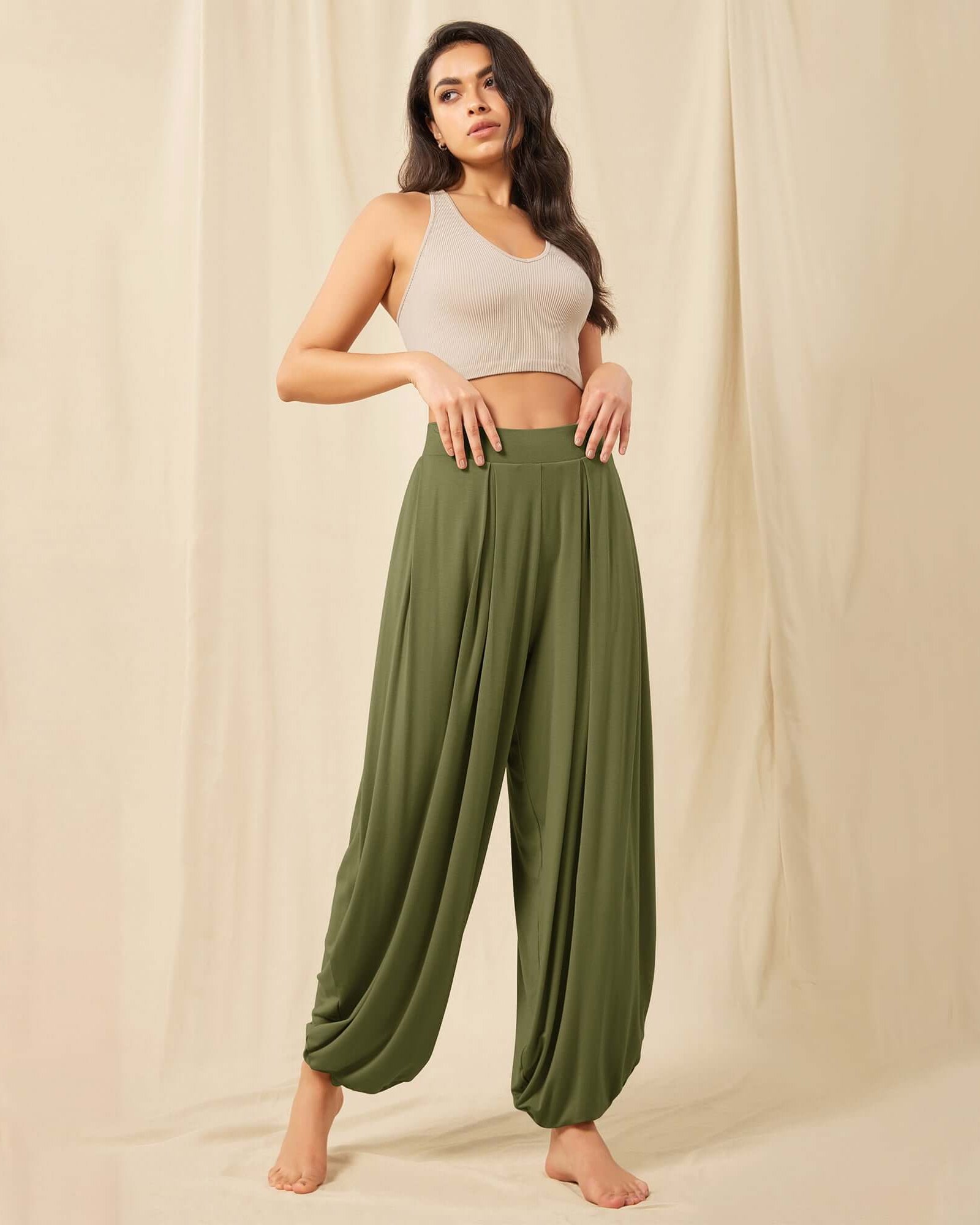 Women's Wide Leg Loose Draped Harem Pants with Pockets - ododos
