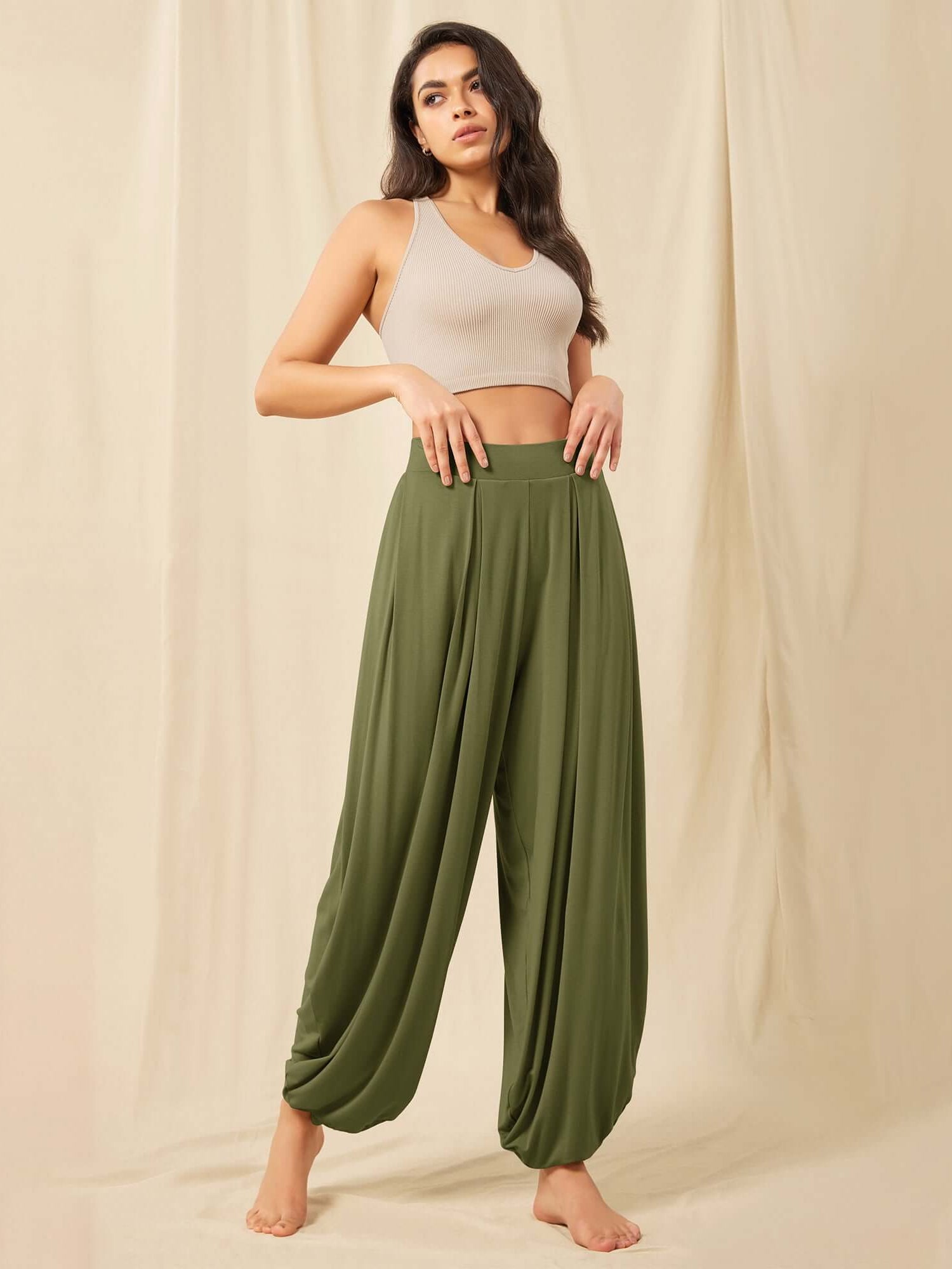 Women's Wide Leg Loose Draped Harem Pants with Pockets - ododos