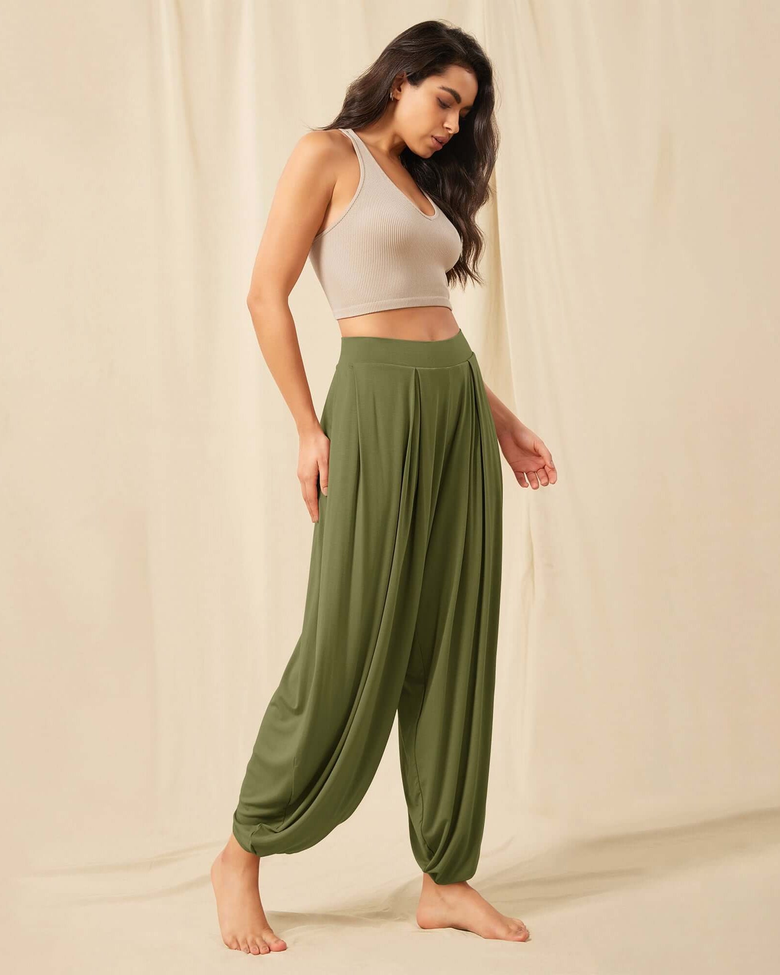 Women's Wide Leg Loose Draped Harem Pants with Pockets - ododos