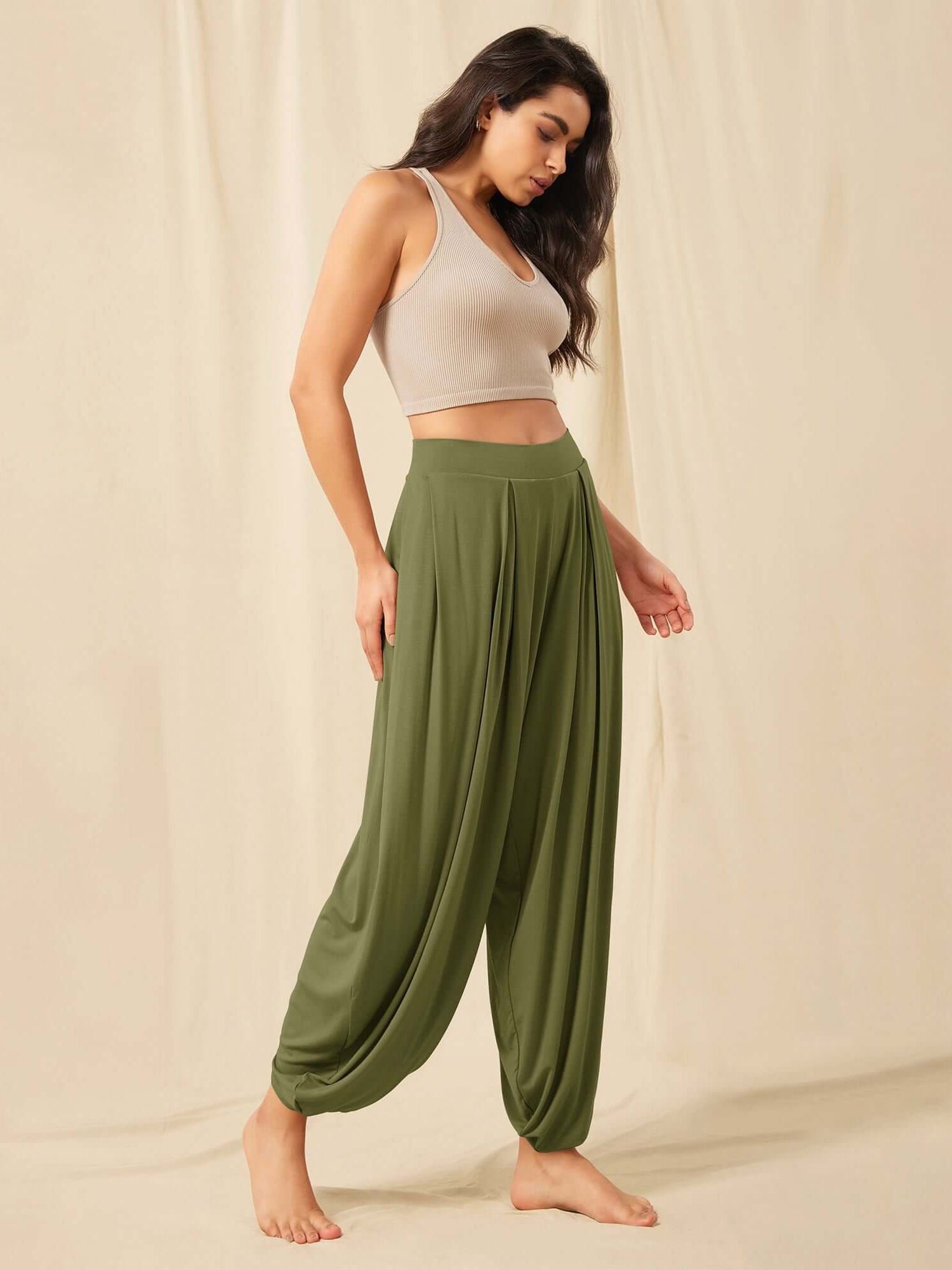 Women's Wide Leg Loose Draped Harem Pants with Pockets - ododos