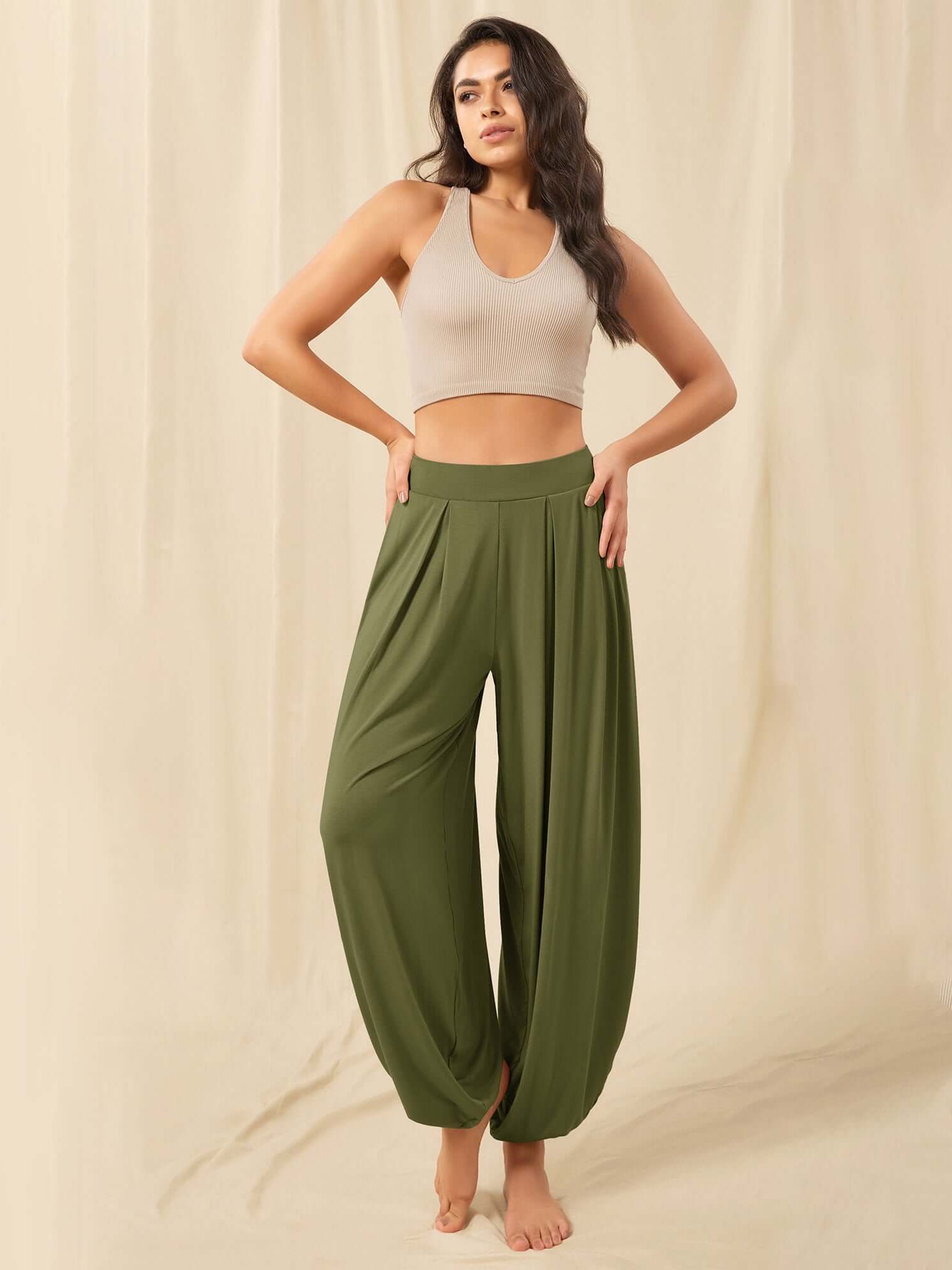Women's Wide Leg Loose Draped Harem Pants with Pockets Army Green - ododos