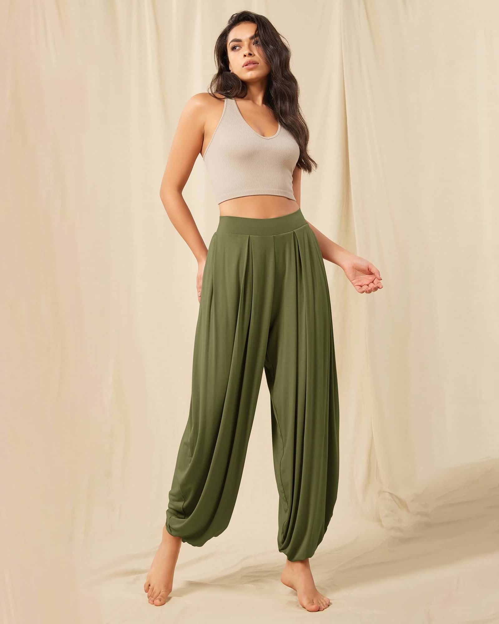 Women's Wide Leg Loose Draped Harem Pants with Pockets - ododos