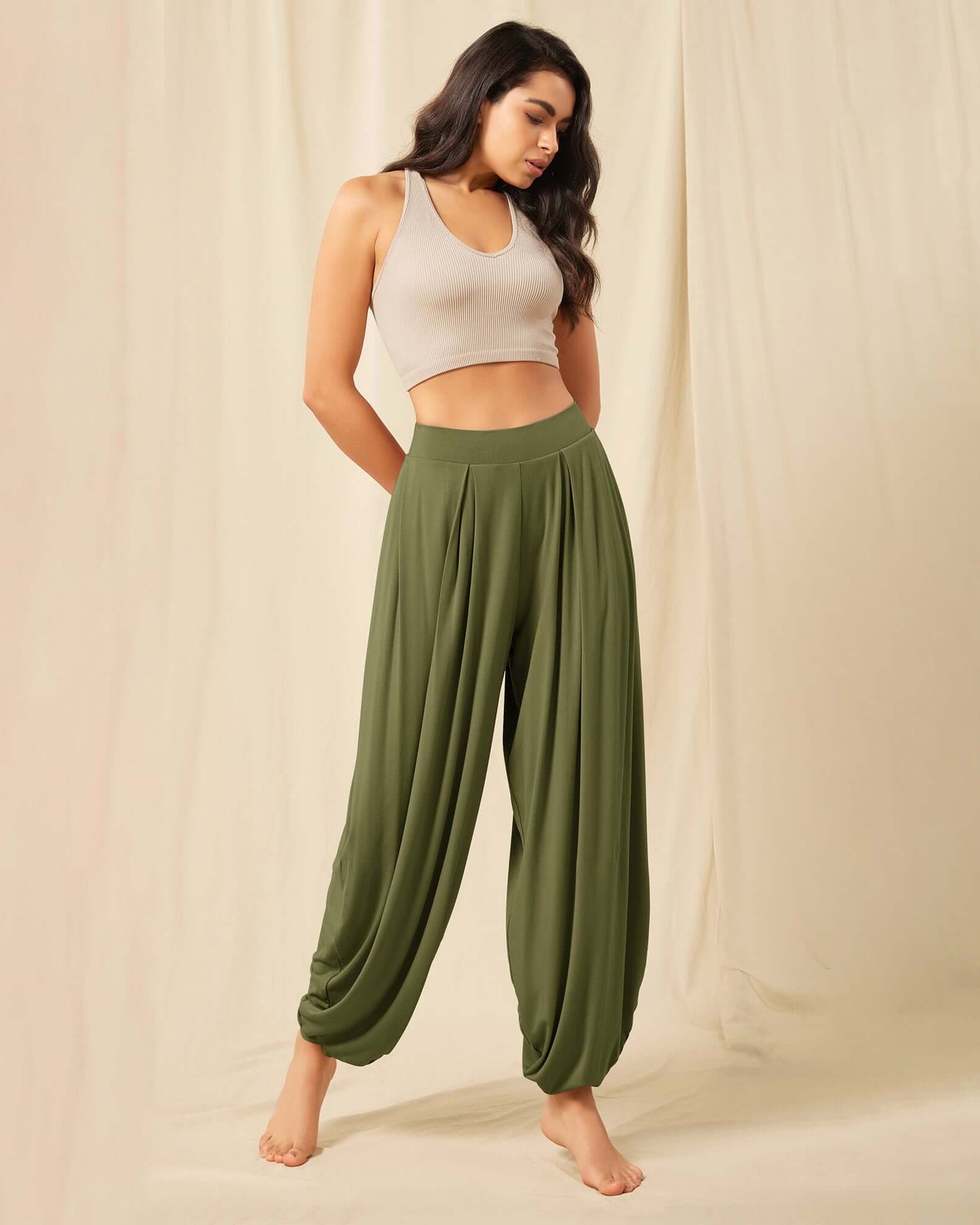 Women's Wide Leg Loose Draped Harem Pants with Pockets - ododos