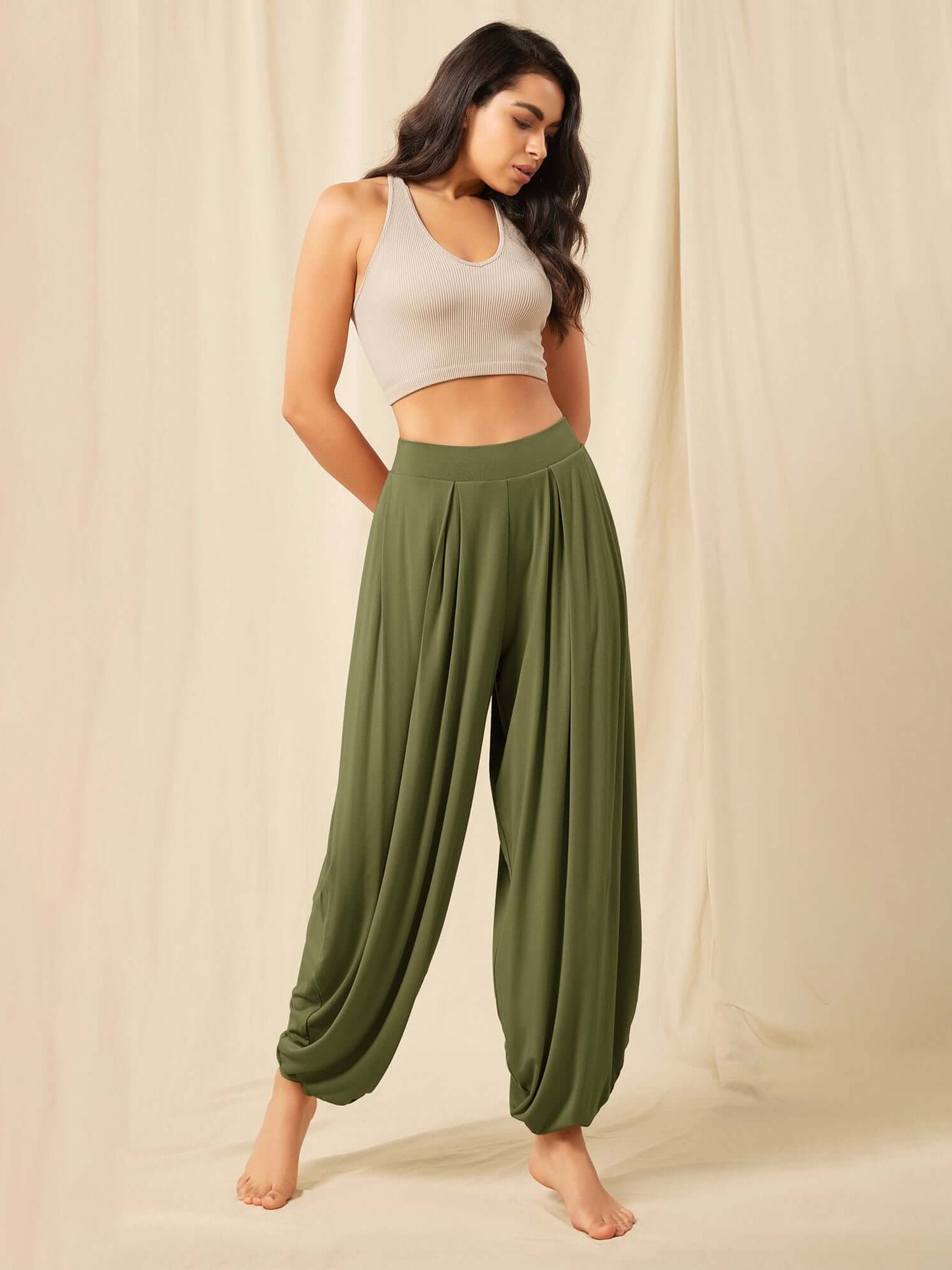 Women's Wide Leg Loose Draped Harem Pants with Pockets - ododos