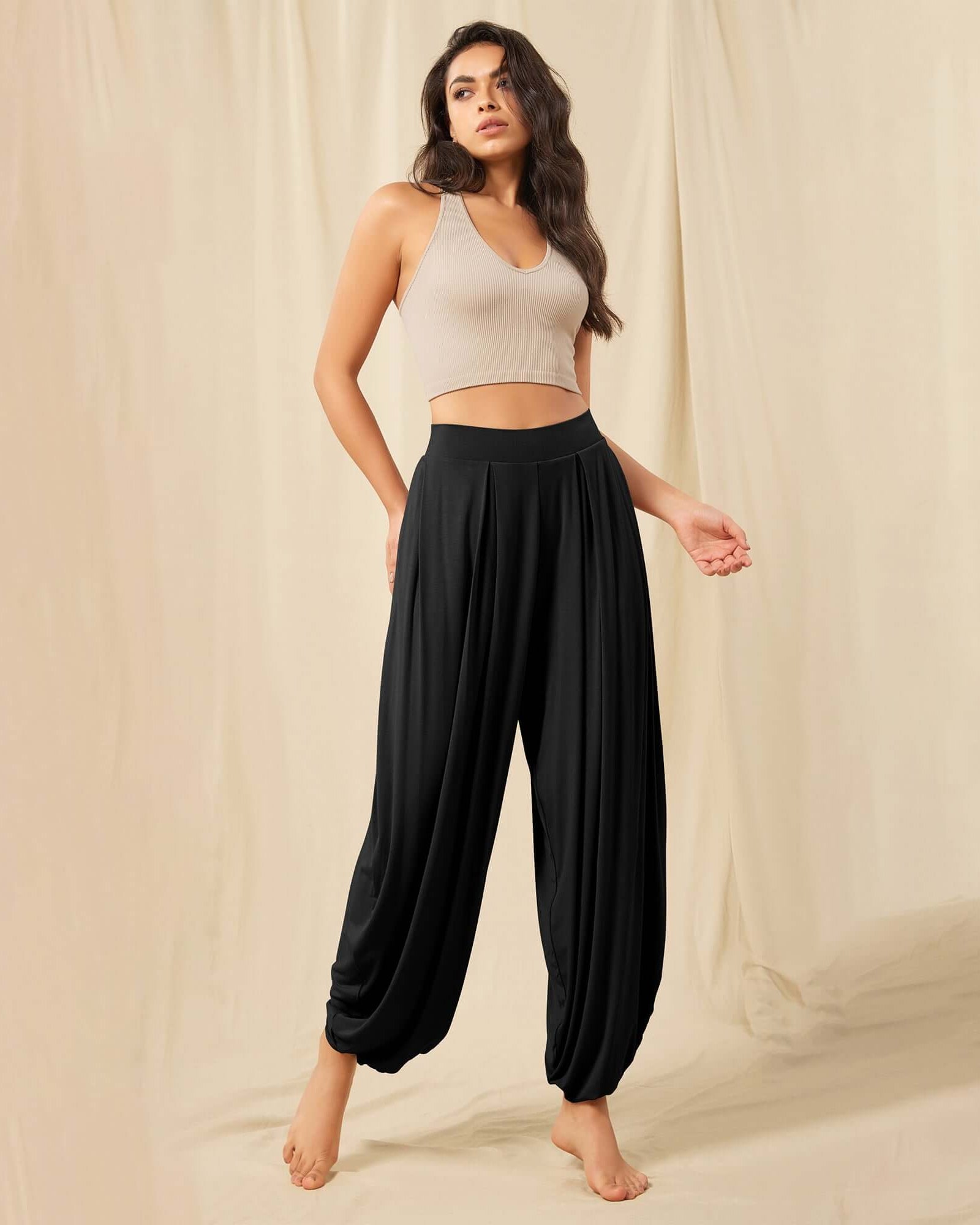 Women's Wide Leg Loose Draped Harem Pants with Pockets - ododos
