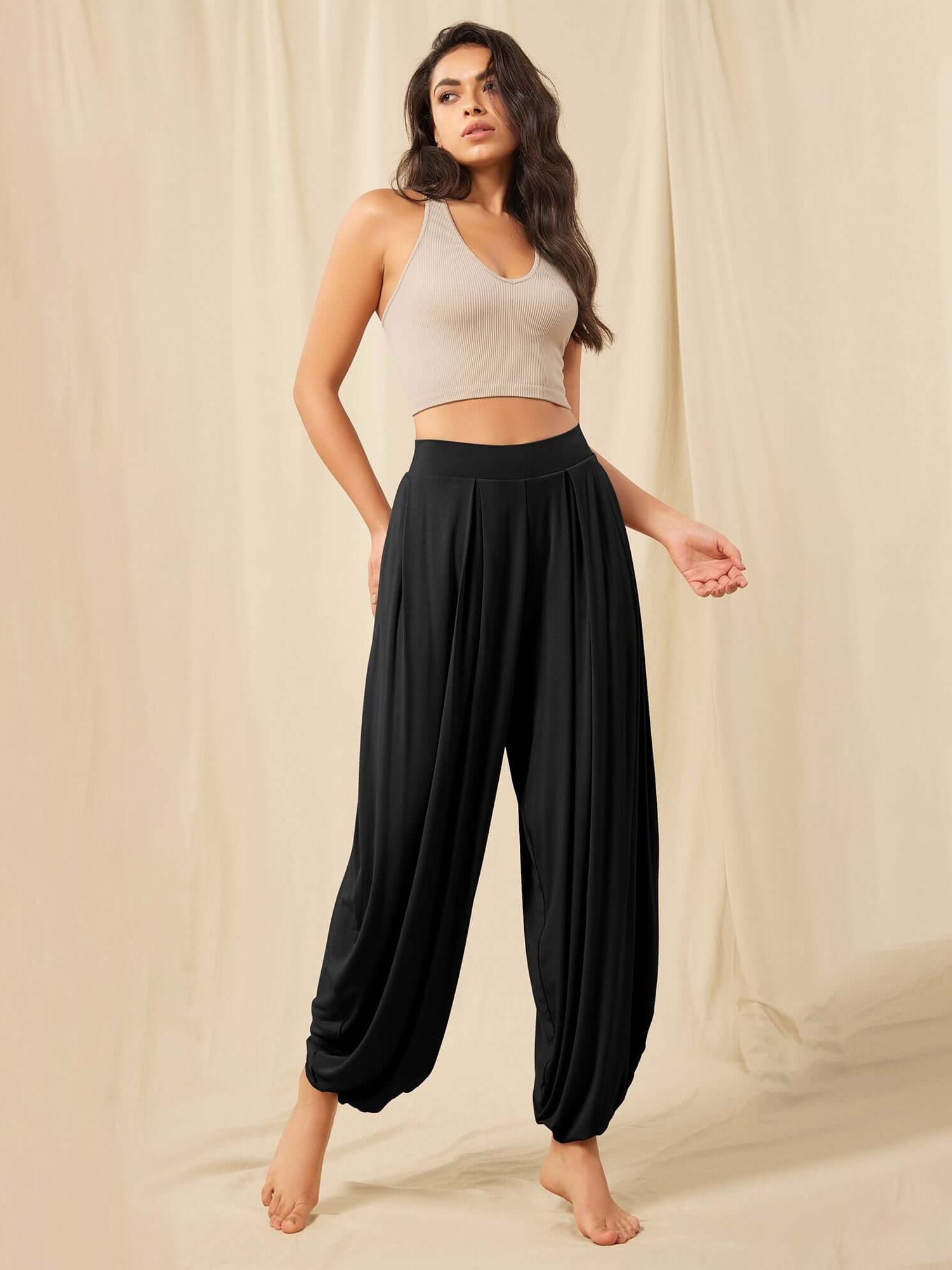 Women's Wide Leg Loose Draped Harem Pants with Pockets - ododos