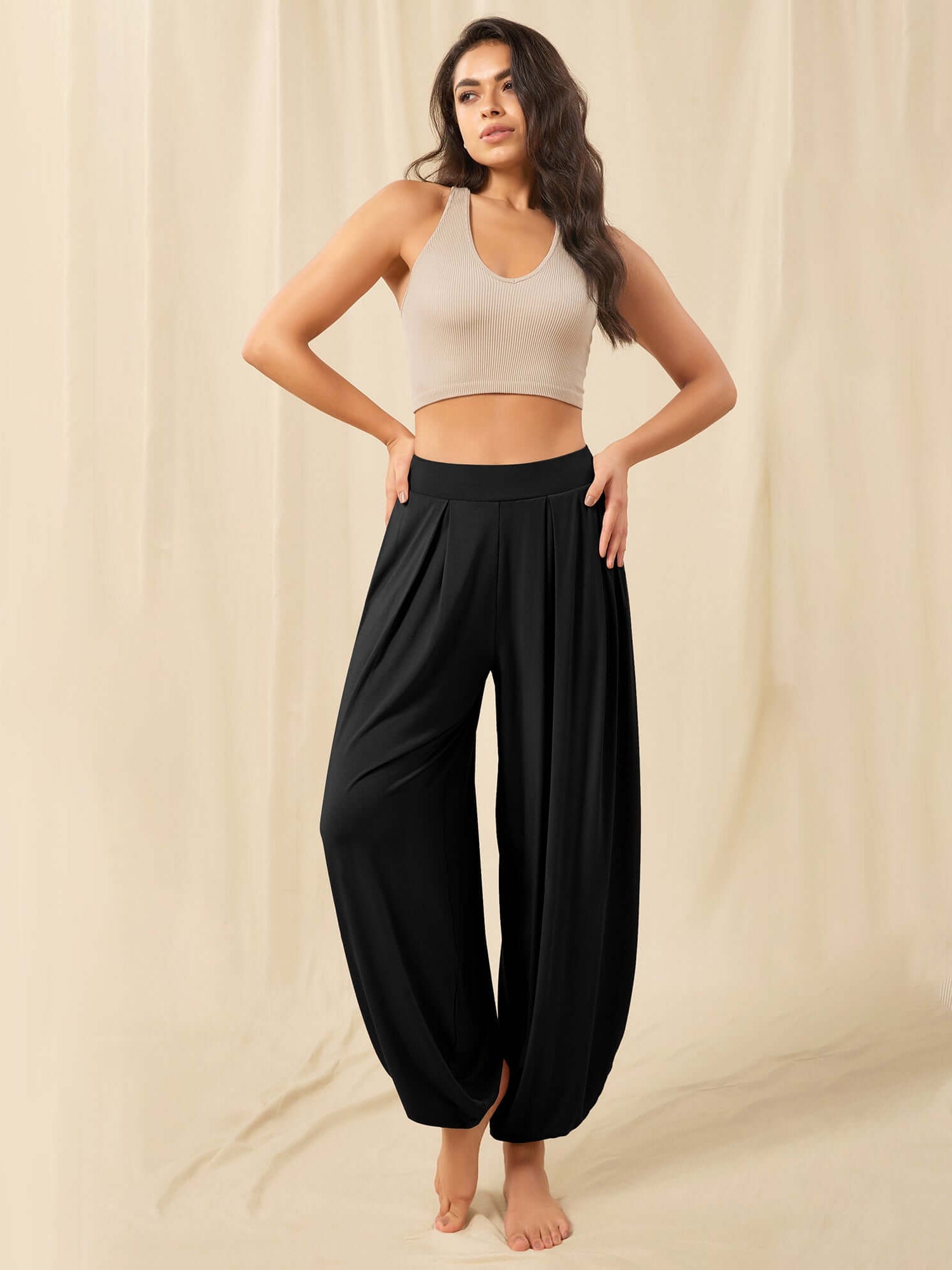 Women's Wide Leg Loose Draped Harem Pants with Pockets Black - ododos