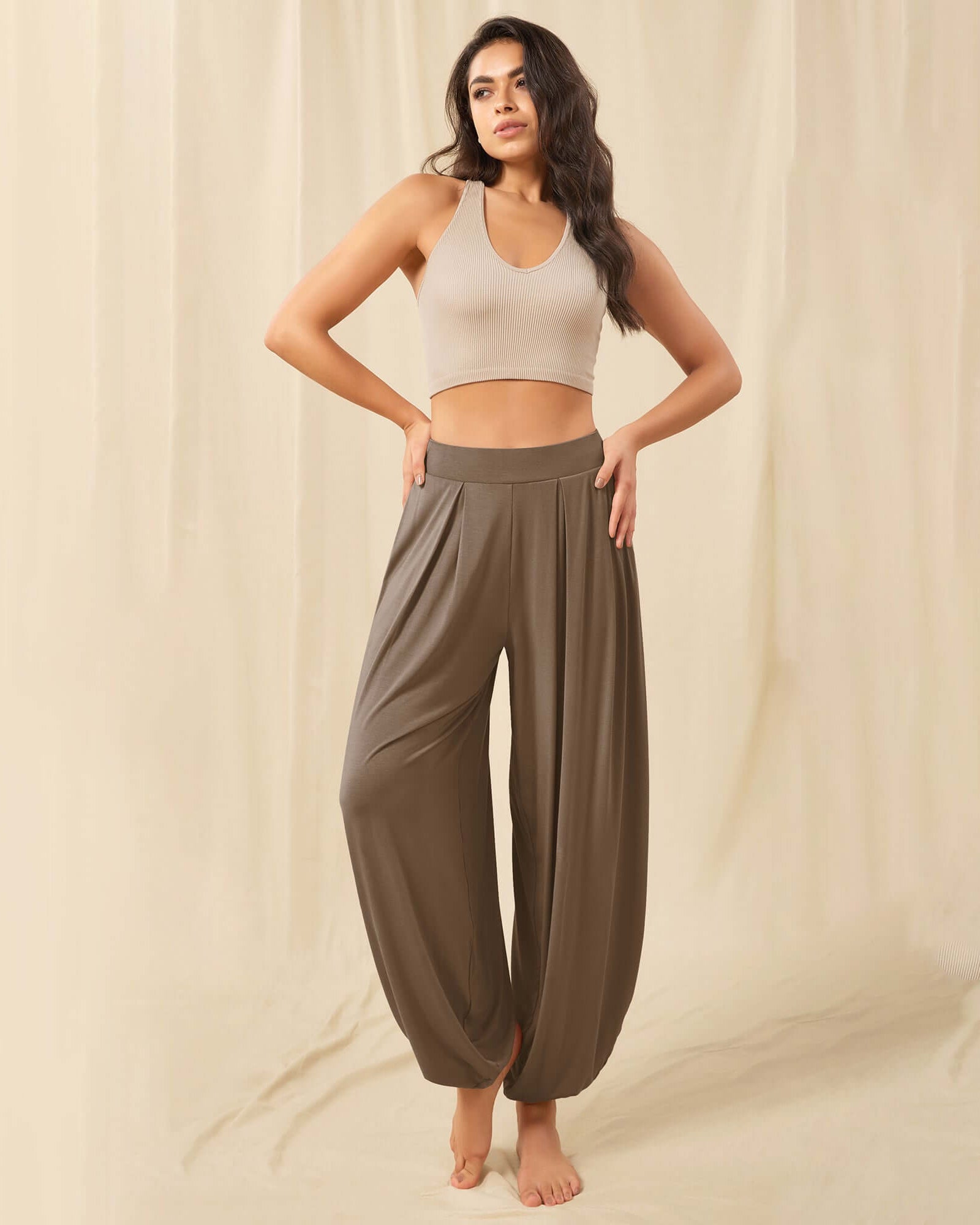 Women's Wide Leg Loose Draped Harem Pants with Pockets Brownie - ododos