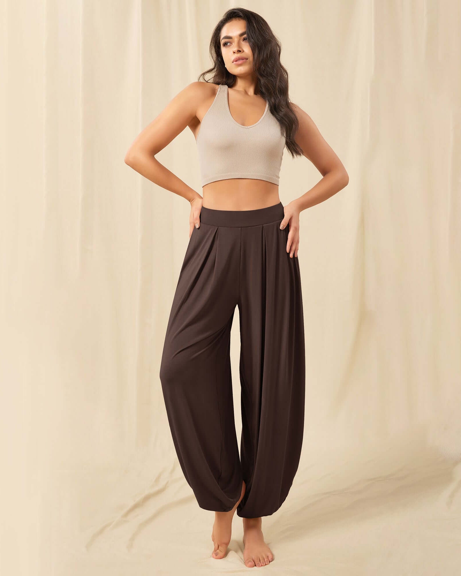 Women's Wide Leg Loose Draped Harem Pants with Pockets Chocolate - ododos
