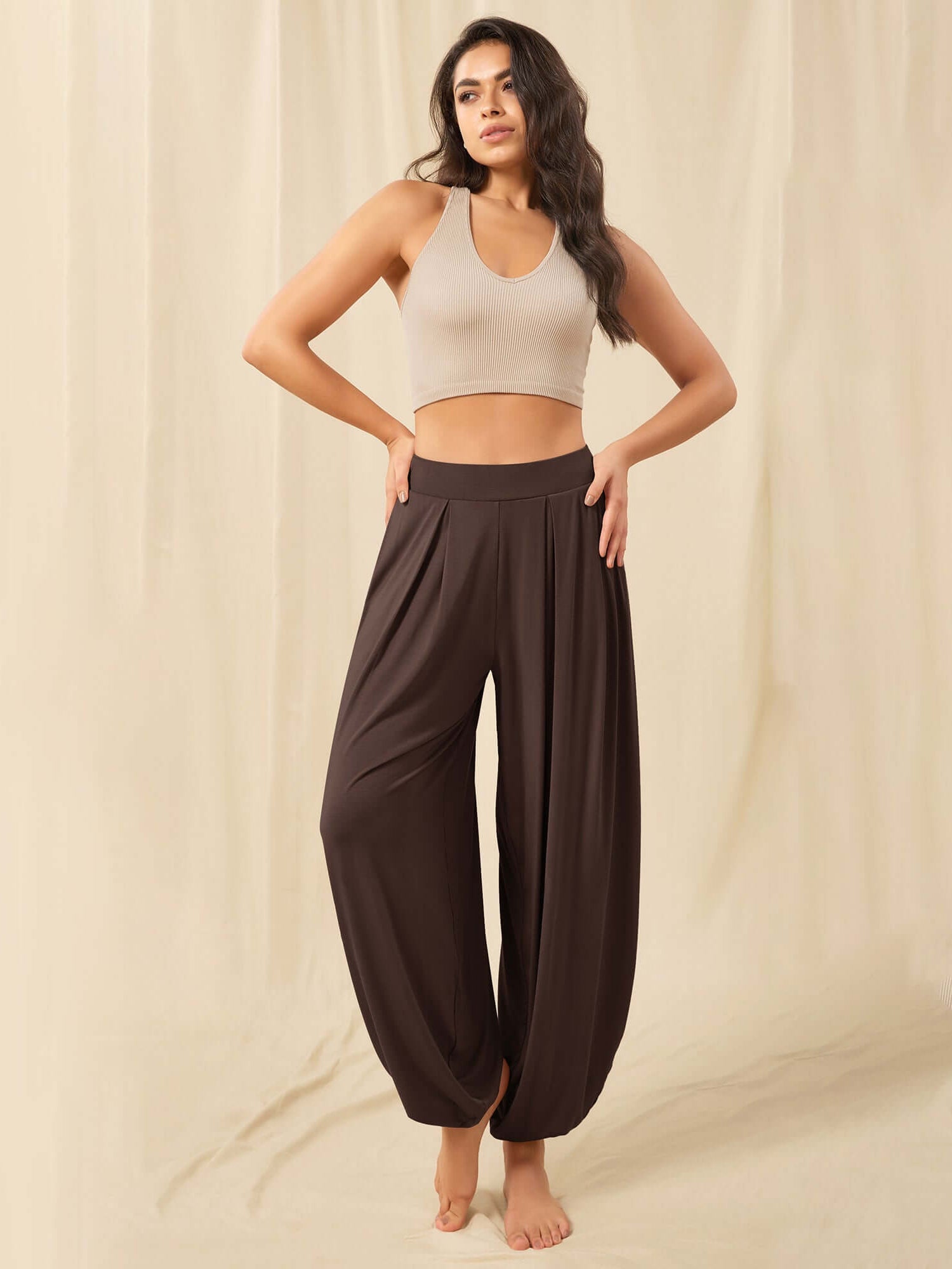 Women's Wide Leg Loose Draped Harem Pants with Pockets Chocolate - ododos