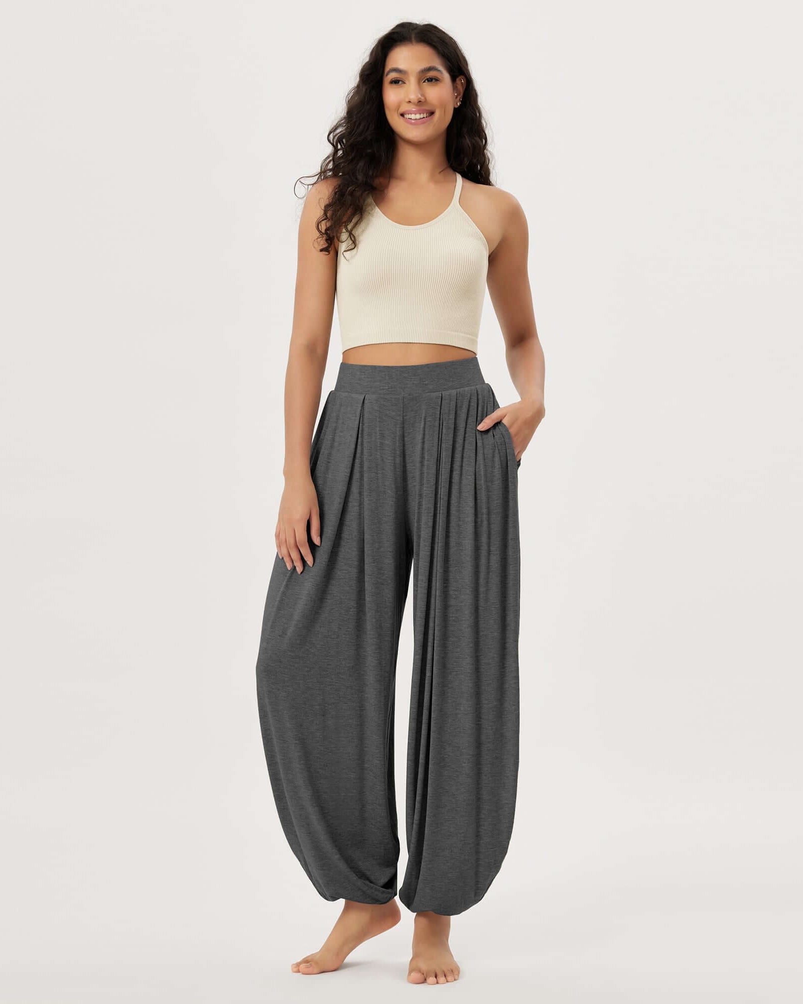 Women's Wide Leg Loose Draped Harem Pants with Pockets Charcoal Heather - ododos