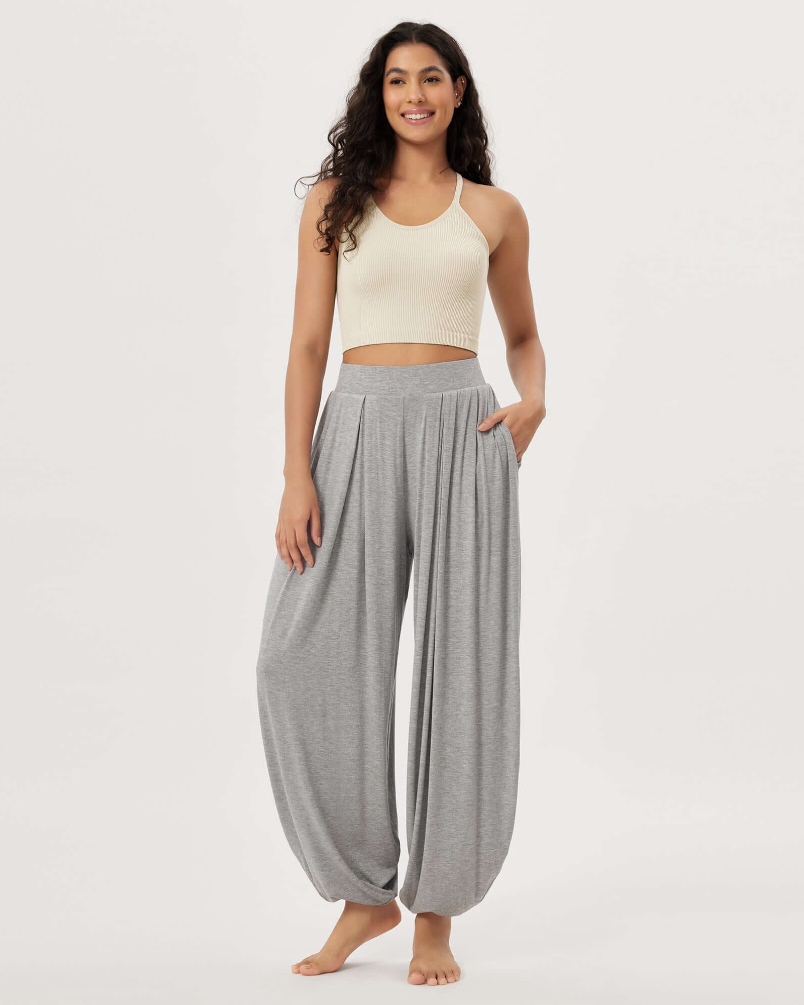 Women's Wide Leg Loose Draped Harem Pants with Pockets Heather Gray - ododos