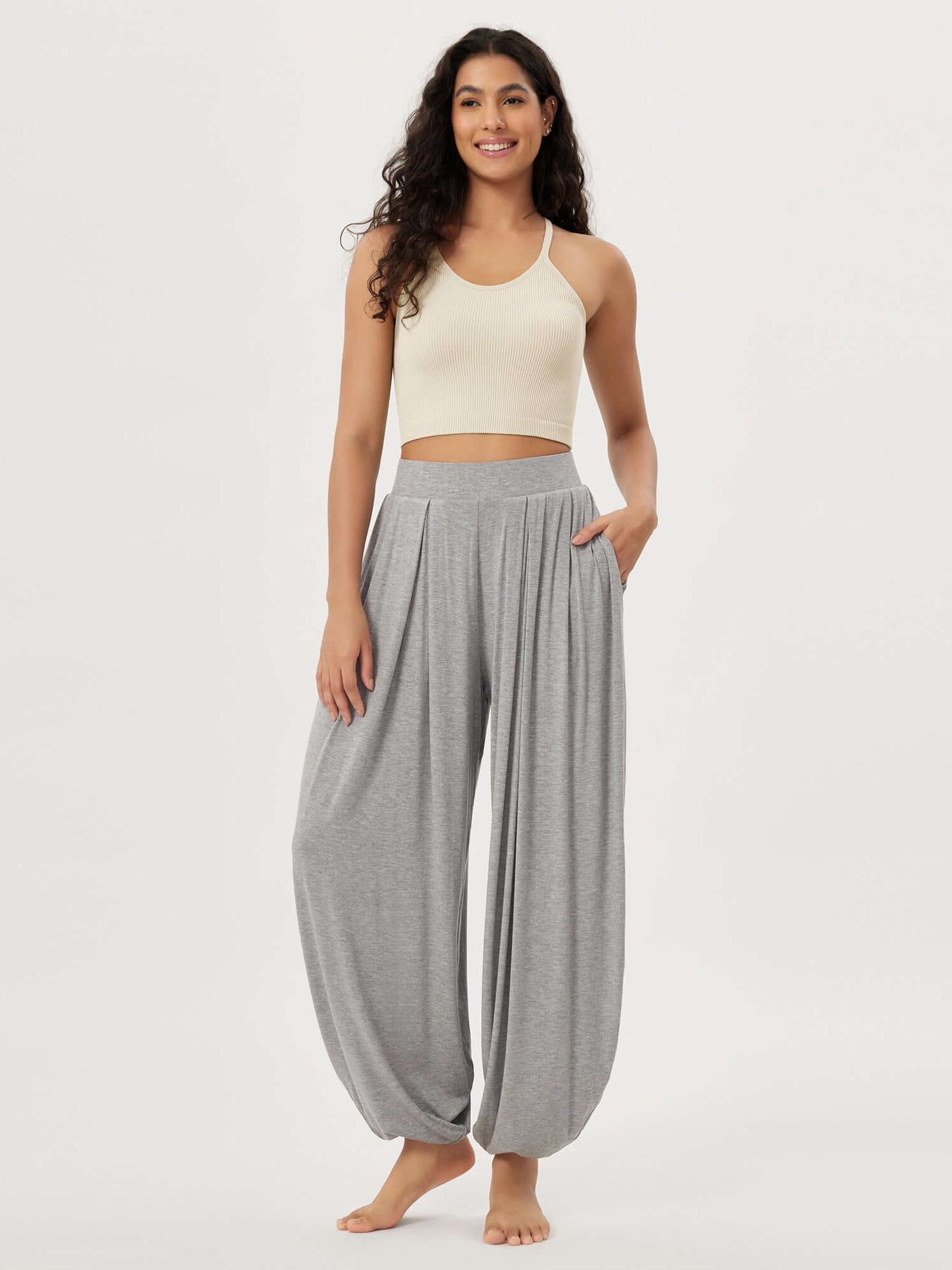 Women's Wide Leg Loose Draped Harem Pants with Pockets Heather Gray - ododos