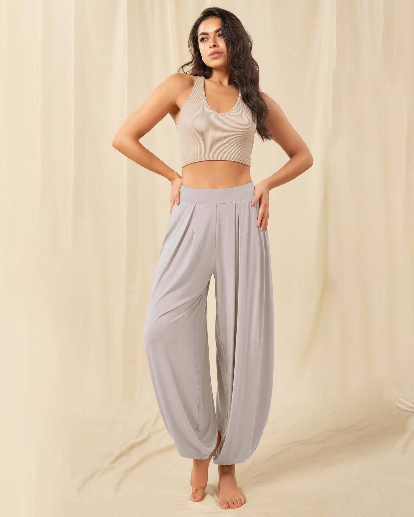 Women's Wide Leg Loose Draped Harem Pants with Pockets Light Beige - ododos