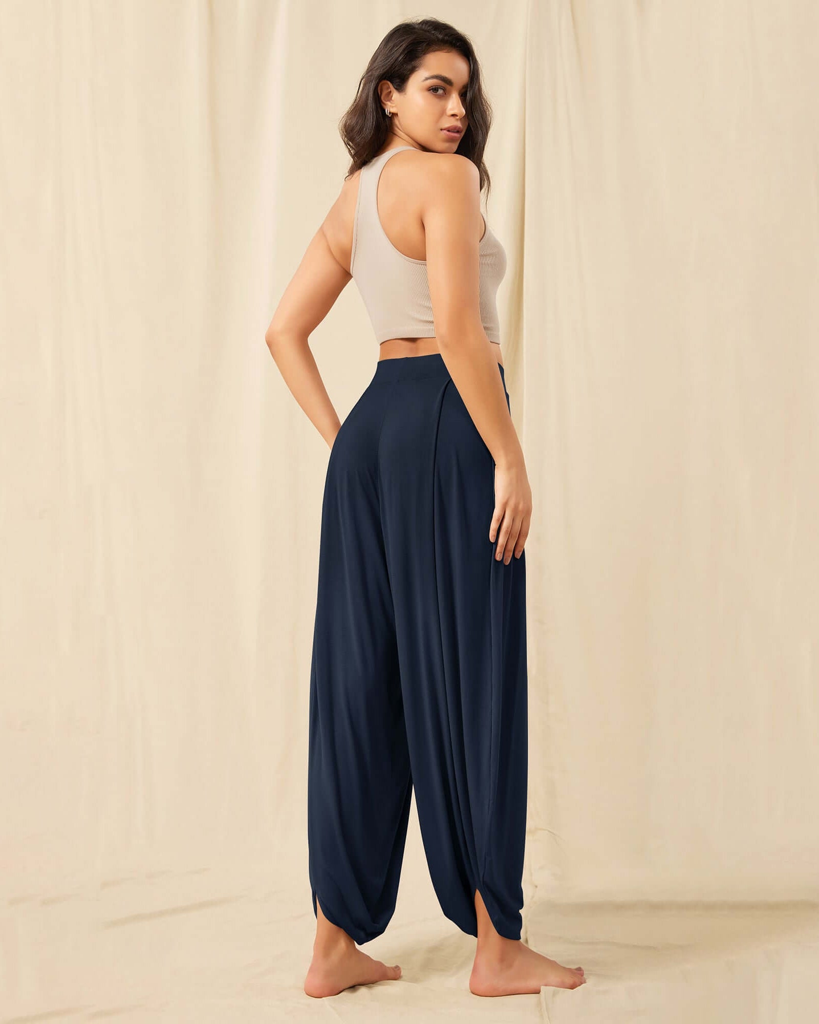 Women's Wide Leg Loose Draped Harem Pants with Pockets - ododos